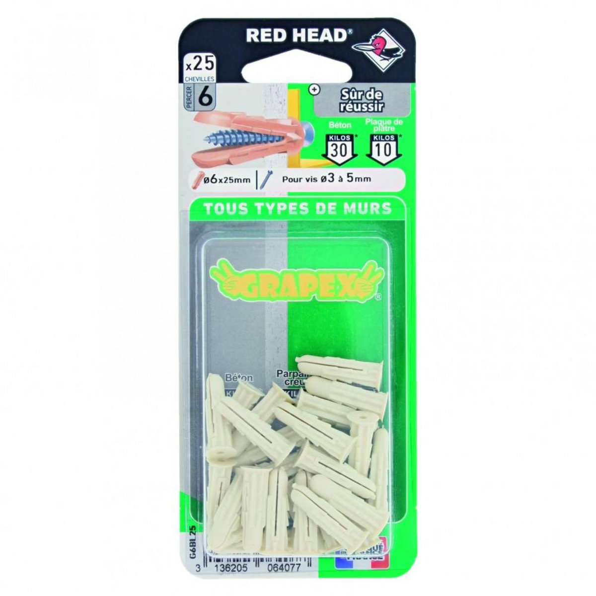 RED HEAD Lot de 25 chevilles à expansion grapex RED HEAD, Diam.6 x L.25 mm