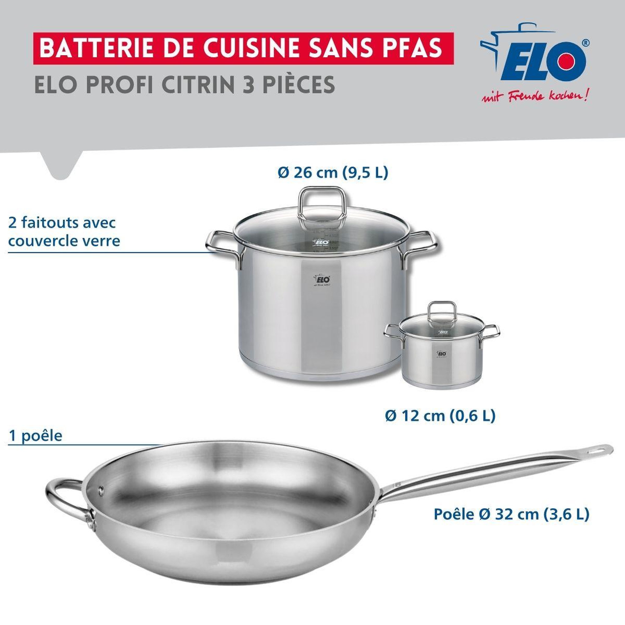 Voir la diapositive 2 : ELO Ensemble de 1 poêle de cuisson 32 cm et 2 faitouts 12 et 26 cm elo profi citrin