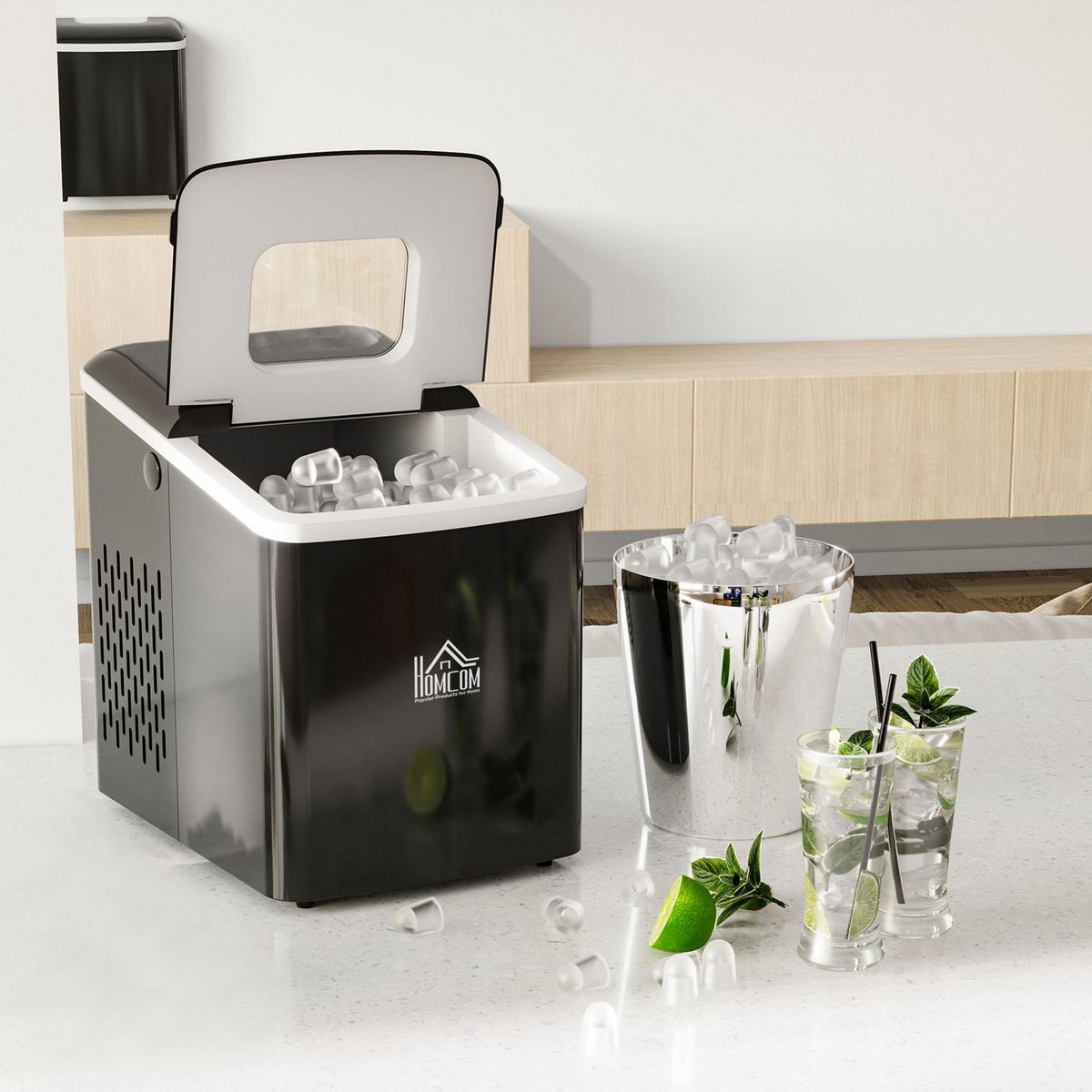 HOMCOM Machine à glaçon 120 W - capacité réservoir eau 1,8 L - capacité réservoir glace 0,8 Kg - cuillère et panier inclus - PP noir
