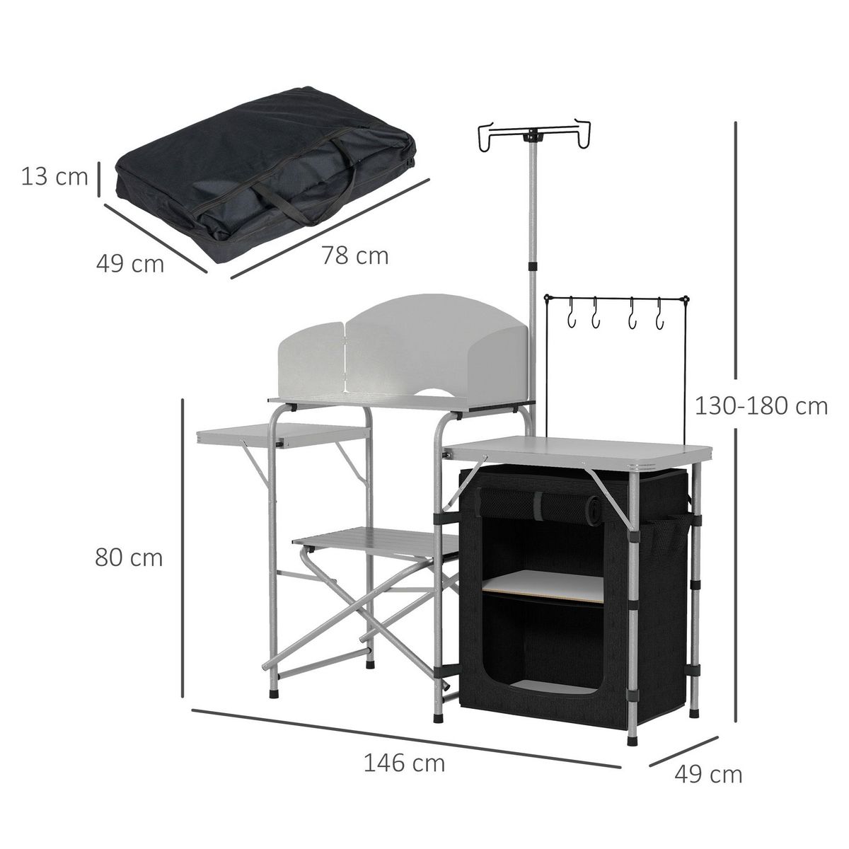 OUTSUNNY Rangement cuisine de camping pliable étagères tablette station de cuisson alu tissu noir