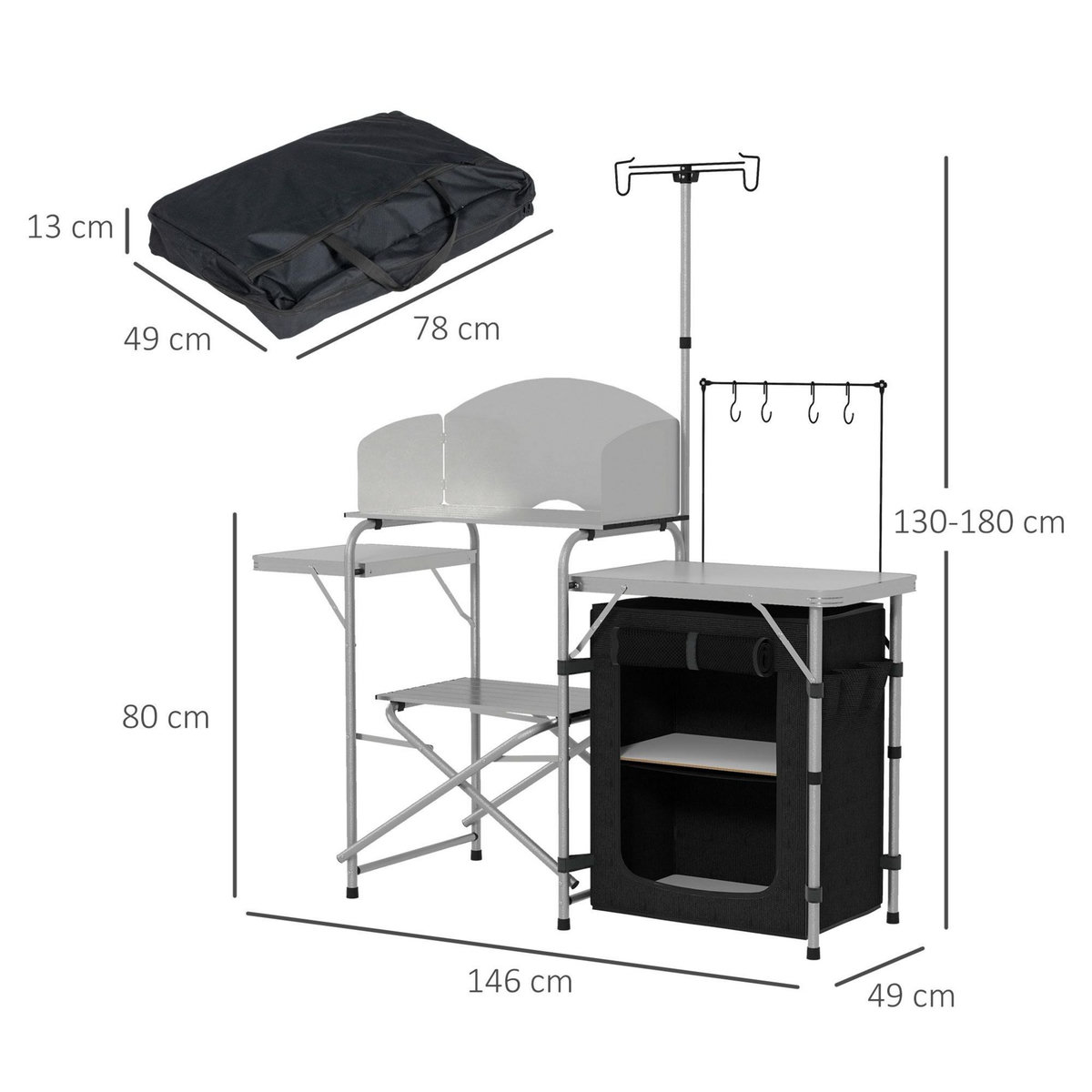 OUTSUNNY Rangement cuisine de camping pliable étagères tablette station de cuisson alu tissu noir