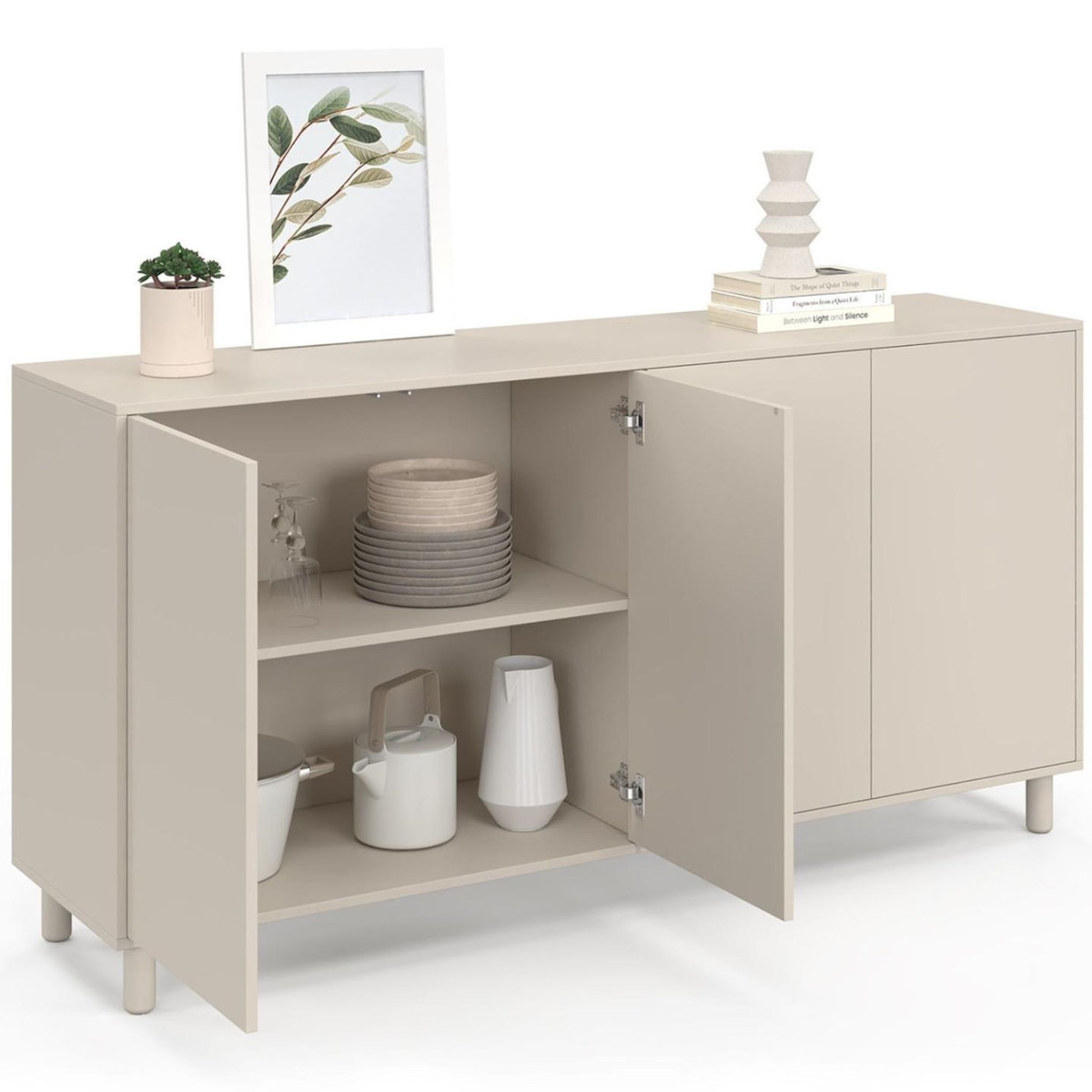 ID MARKET Buffet 160 cm BERTILLE 4 portes bois coloris beige