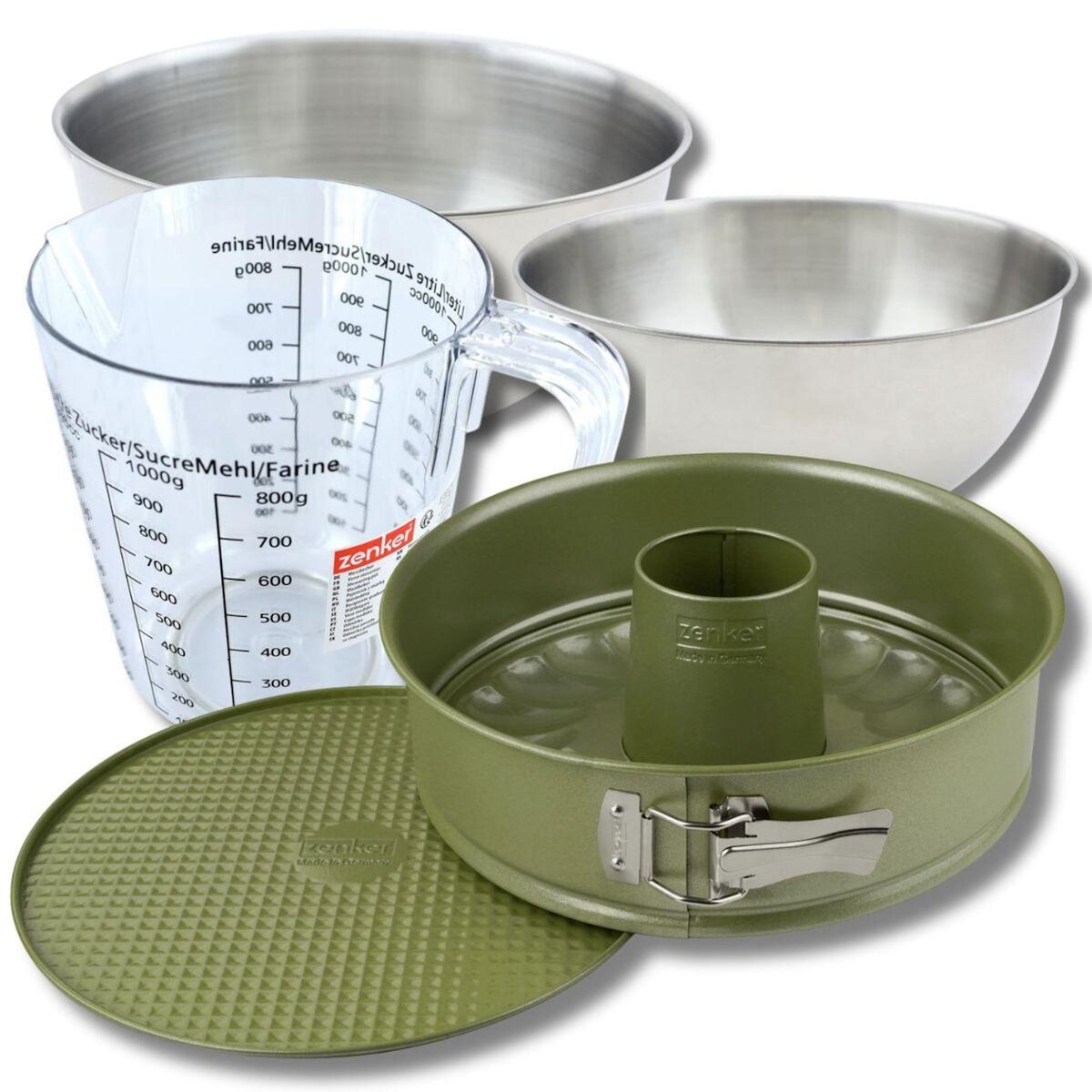 ZENKER Set pâtisserie avec moule à manqué et savarin 26 cm revêtement cire de carnauba, 2 bols à mixer, verre mesureur et spatule Zenker