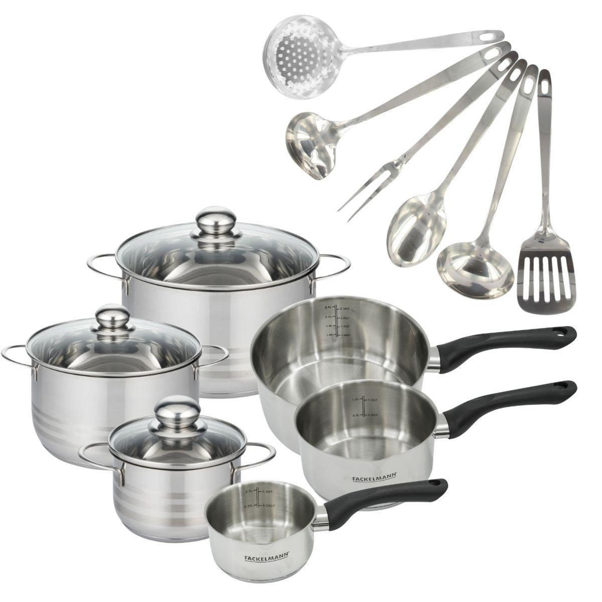 Fackelmann Set de 3 casseroles 12 16 20 cm en inox et 3 faitouts inox 16, 20 et 24 cm et 6 ustensiles Fackelmann Geneva
