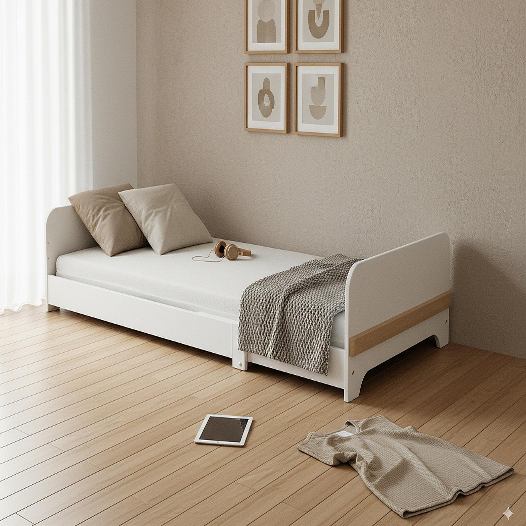 Voir la diapositive 2 : JURABABY Lit au sol enfant extensible en bois 80x140-165-190 carrousel avec matelas - blanc