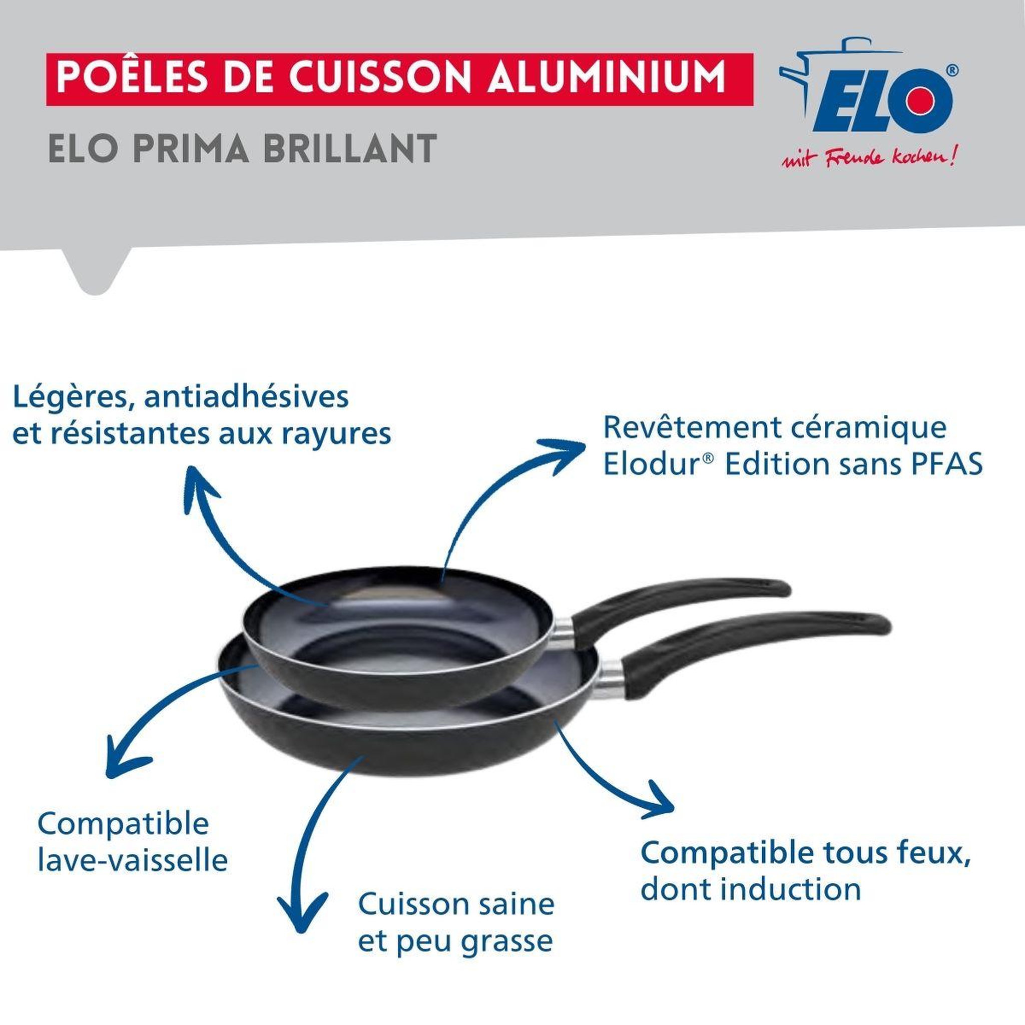 Voir la diapositive 4 : ELO Ensemble de 2 poêles de cuisson 24 et 28 cm et 1 faitout 20 cm elo prima brillant