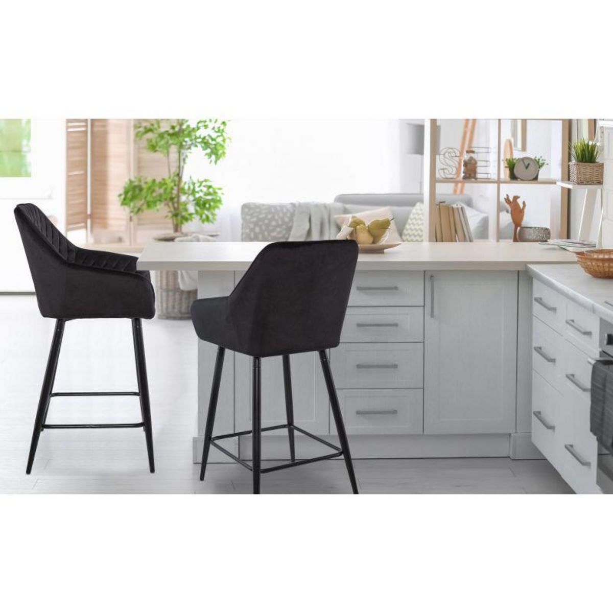 Paris Prix Lot de 2 Chaises de Bar Velours  Onika  105cm Noir
