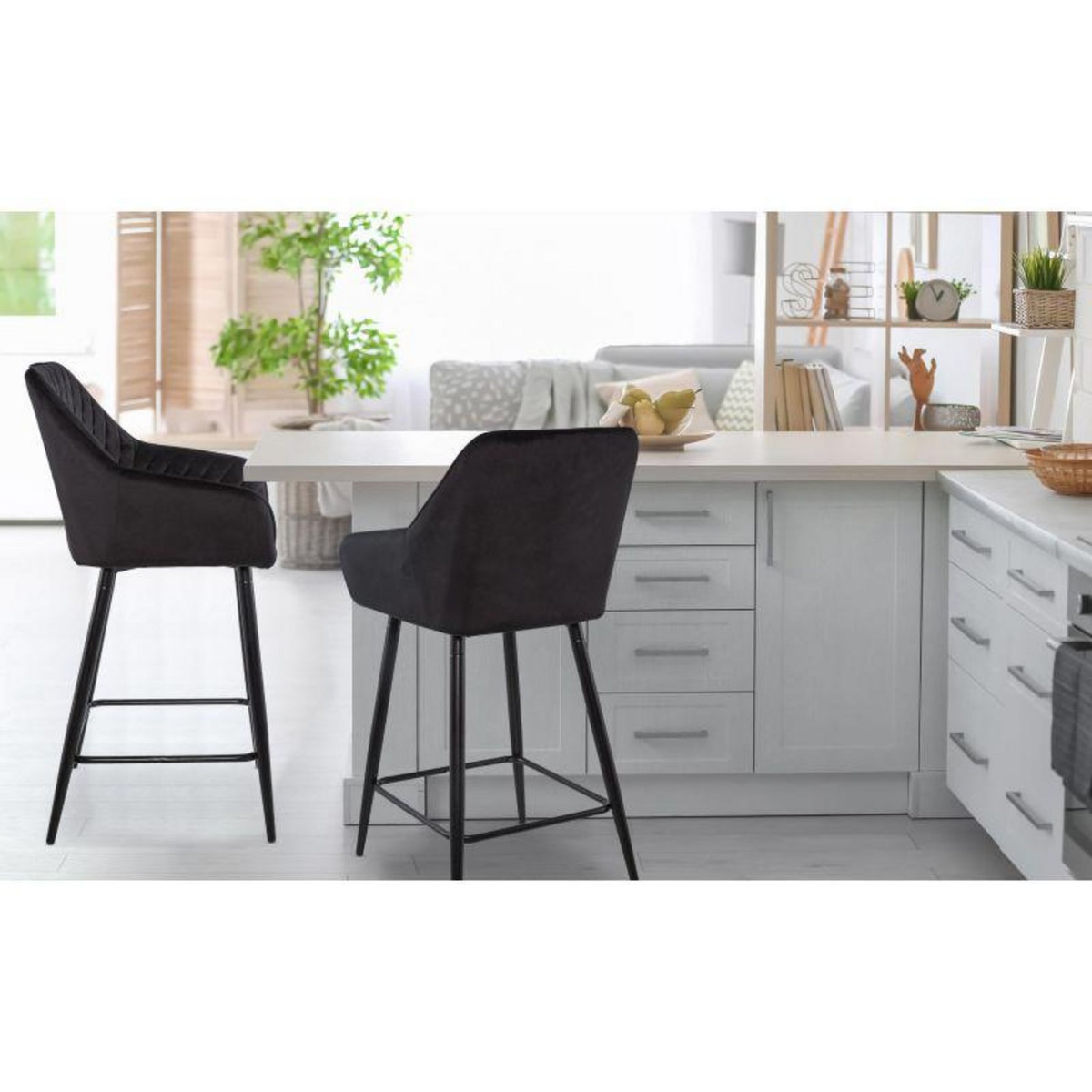 Paris Prix Lot de 2 Chaises de Bar Velours  Onika  105cm Noir