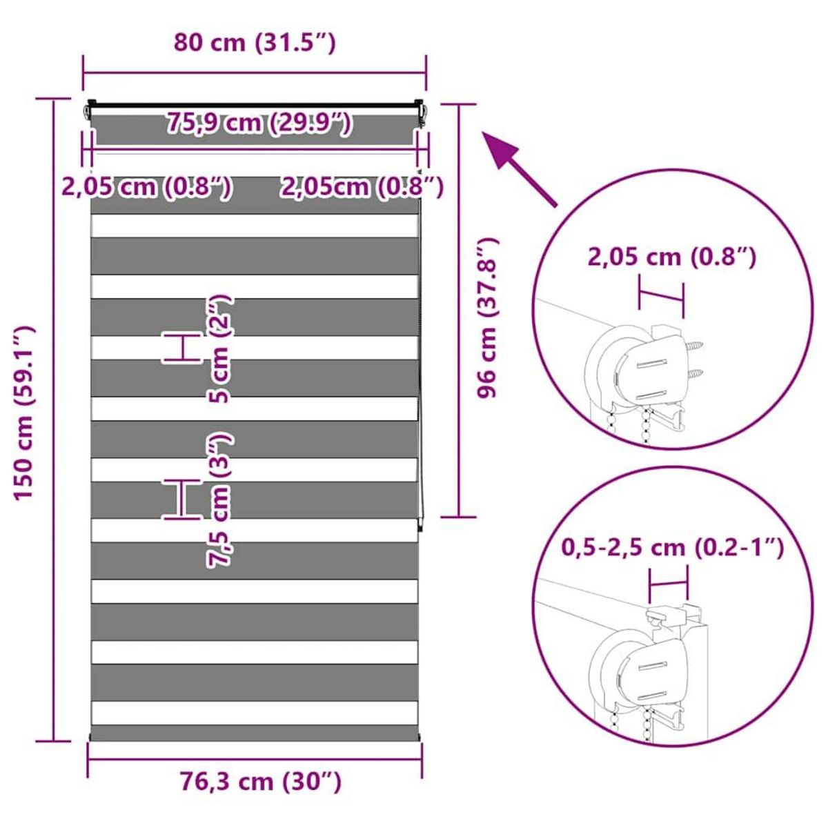 VIDAXL Store zebre gris fonce largeur du tissu 75,9 cm polyester