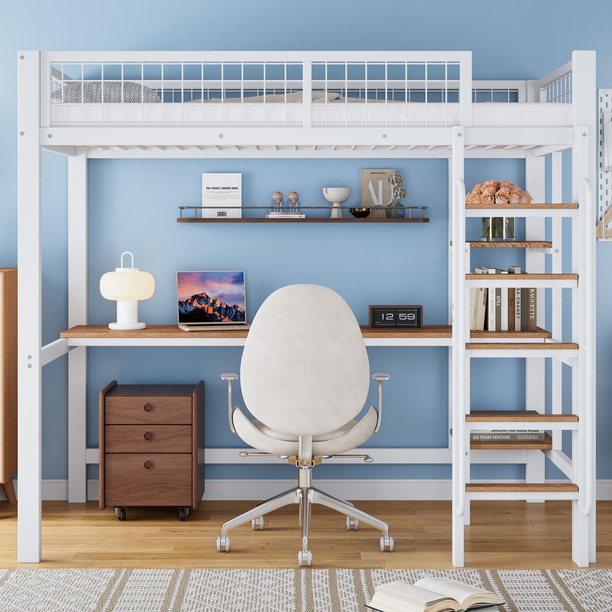 MERAX Lit mezzanine 90x200cm métal et bois coloris blanc