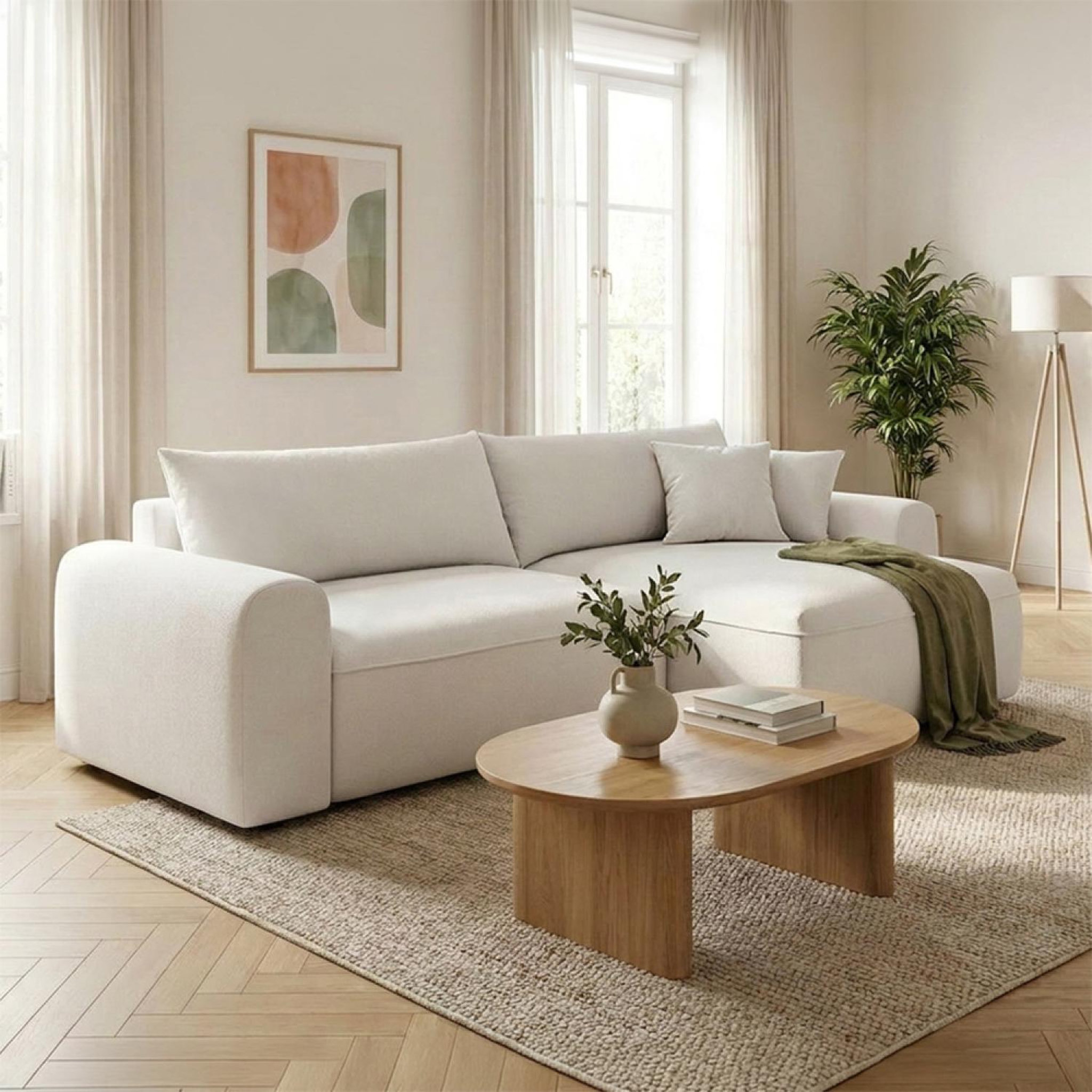 Voir la diapositive 6 : CONCEPT USINE Canapé d'angle convertible 4 places en tissu bouclé avec coffre de rangement belair