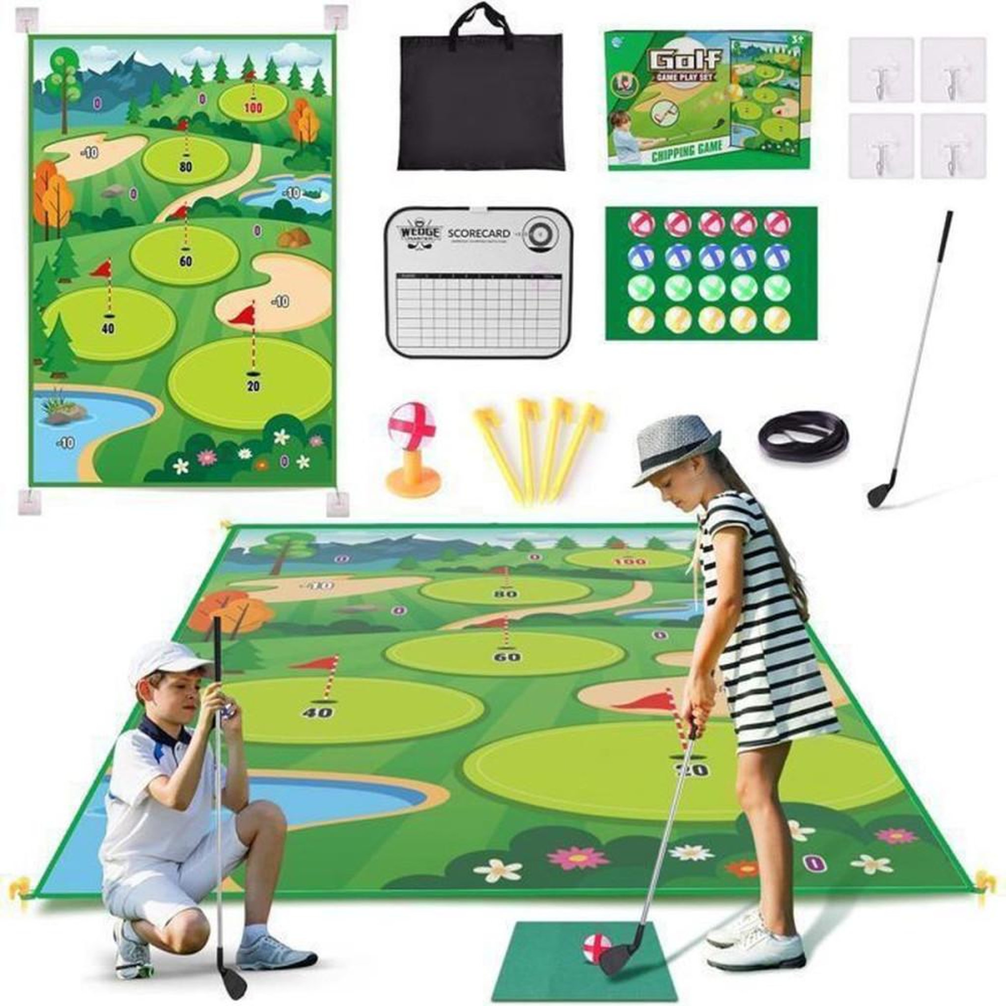 Jeu de pratique golf chipping avec tapis 6x4 ft, 20 balles adhésives et tableau de score