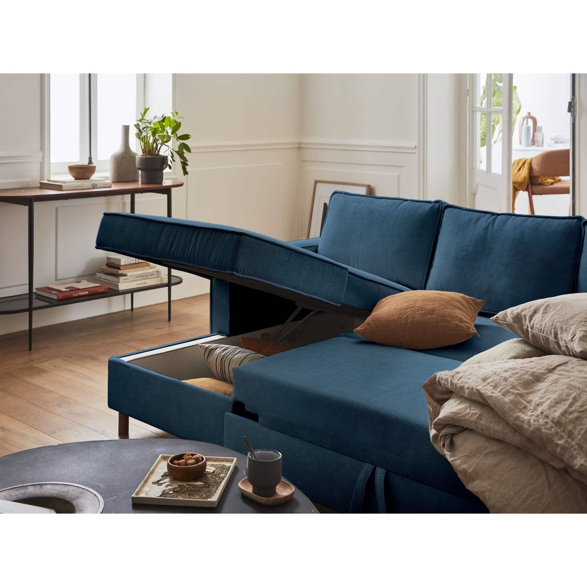 LISA DESIGN Jake - canapé panoramique en u - 7 places - convertible avec coffre - en velours côtelé