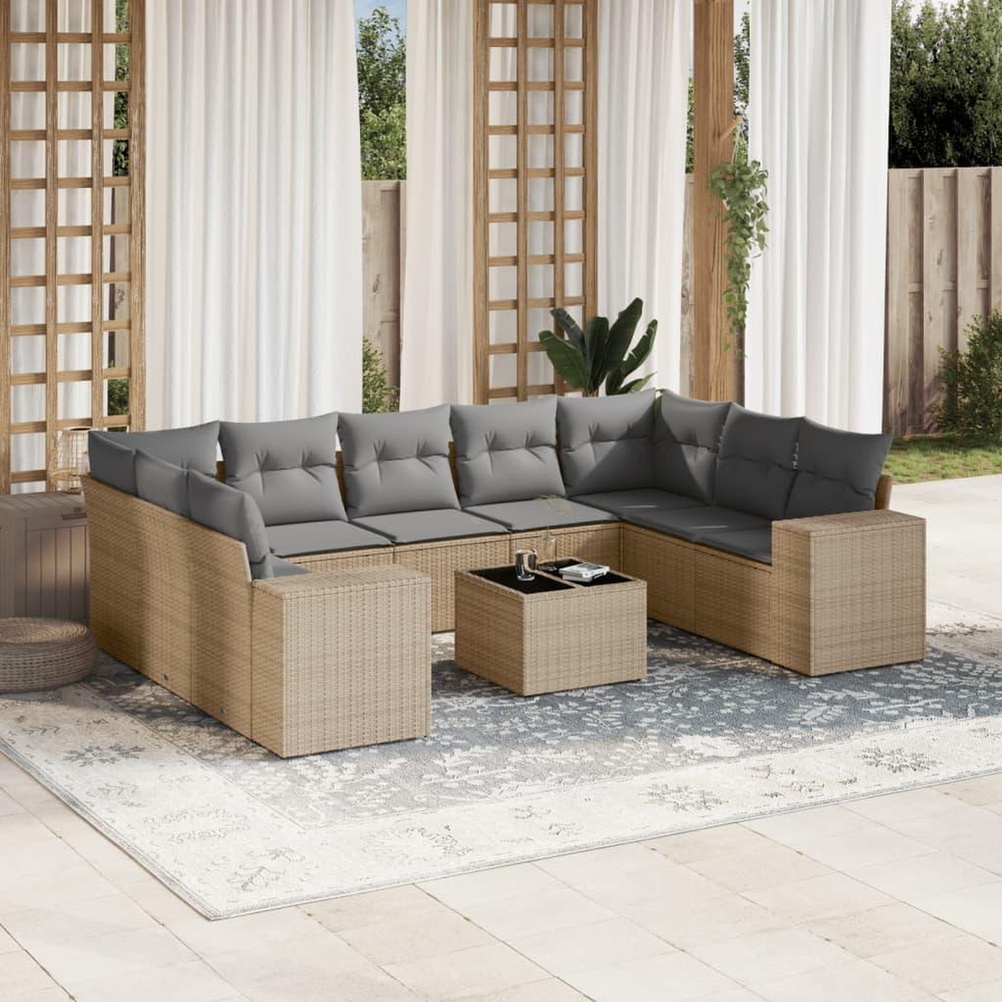 VIDAXL Salon de jardin avec coussins 10 pcs beige resine tressee