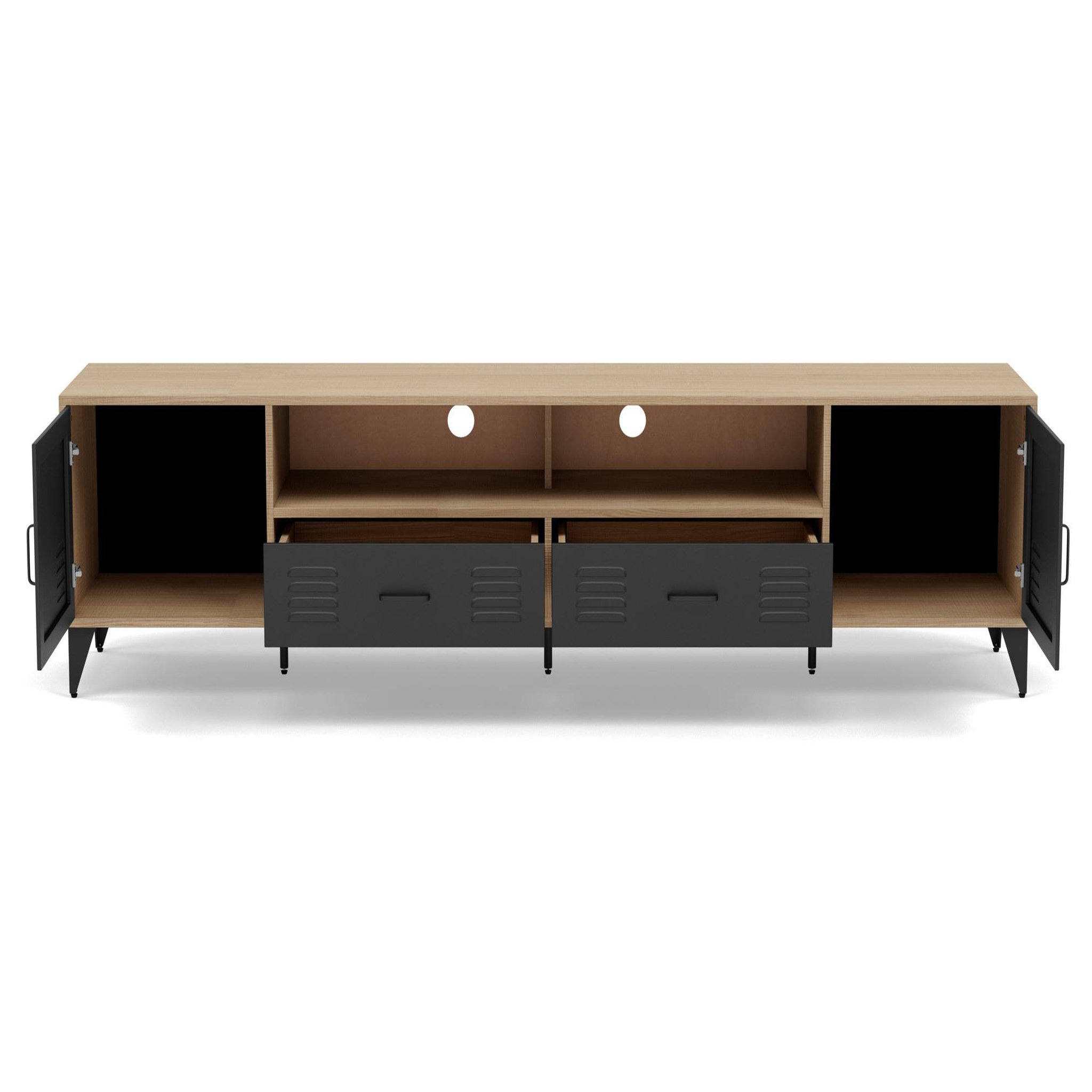 Voir la diapositive 5 : BEST MOBILIER Tribeca - meuble tv - effet bois et métal noir - 2 portes et 2 tiroirs - 200 cm