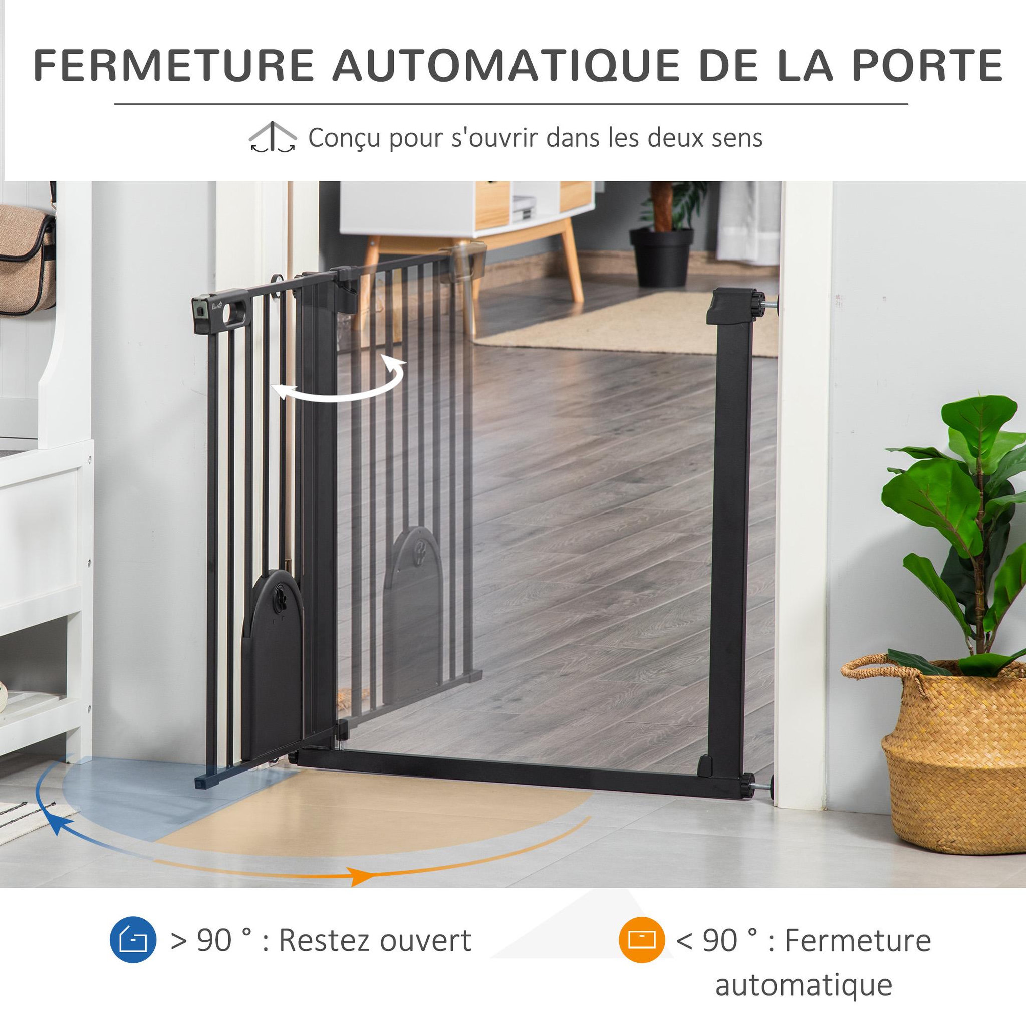 Voir la diapositive 5 : PAWHUT Barrière de sécurité chien l.75-82 x h.76 cm porte verrouillable fixation pression noir