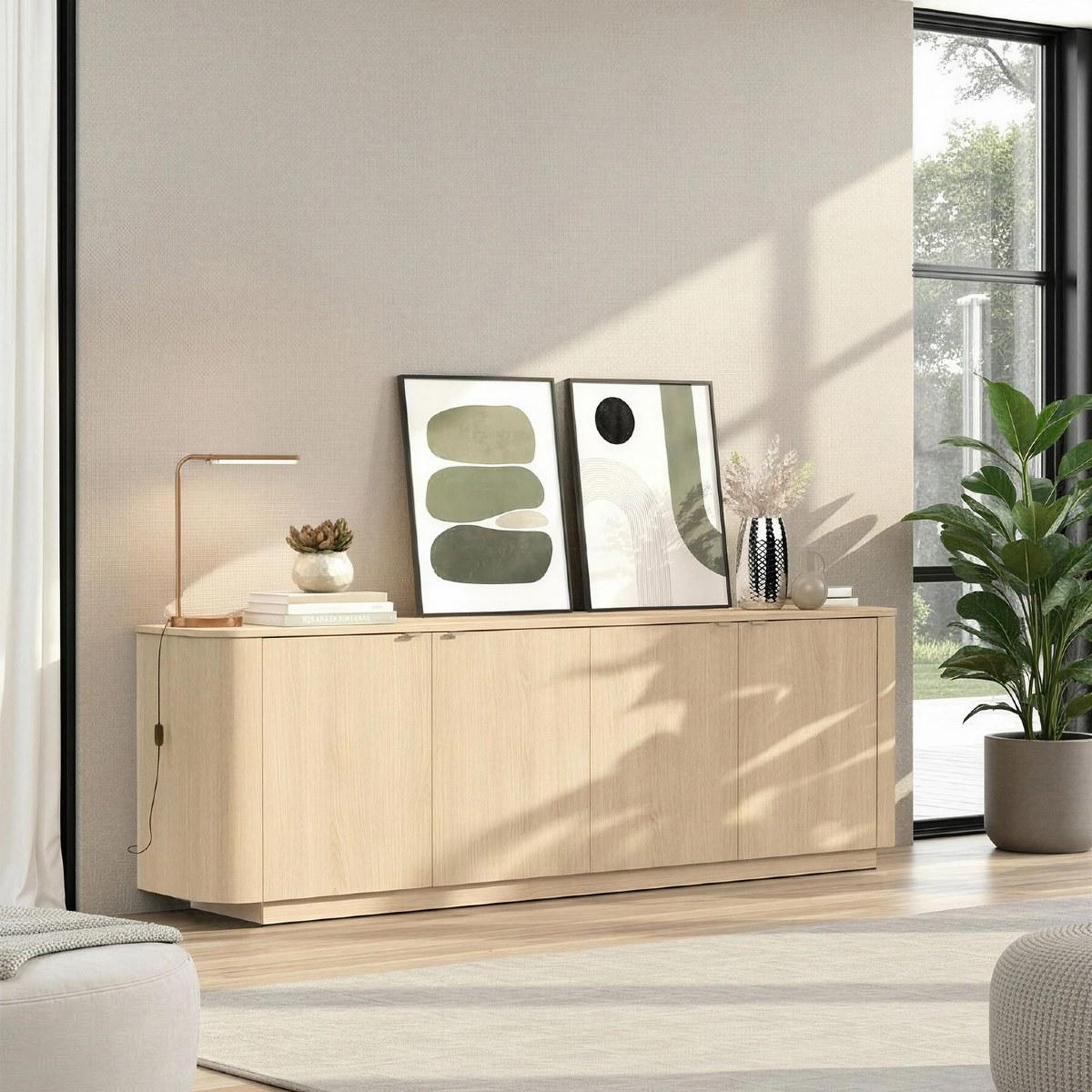 Voir la diapositive 2 : JLC KREATION Buffet bas contemporain 4 portes coloris chêne 230cm tika