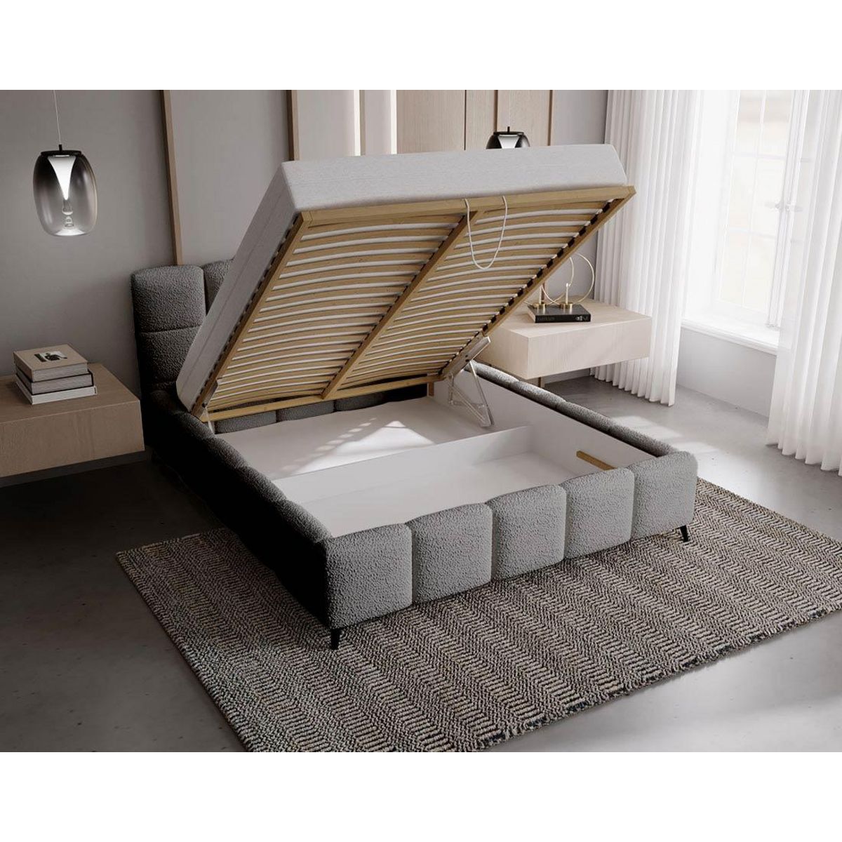 BEST MOBILIER Paulito - lit coffre - 160x200 cm - sommier inclus - en tissu bouclette