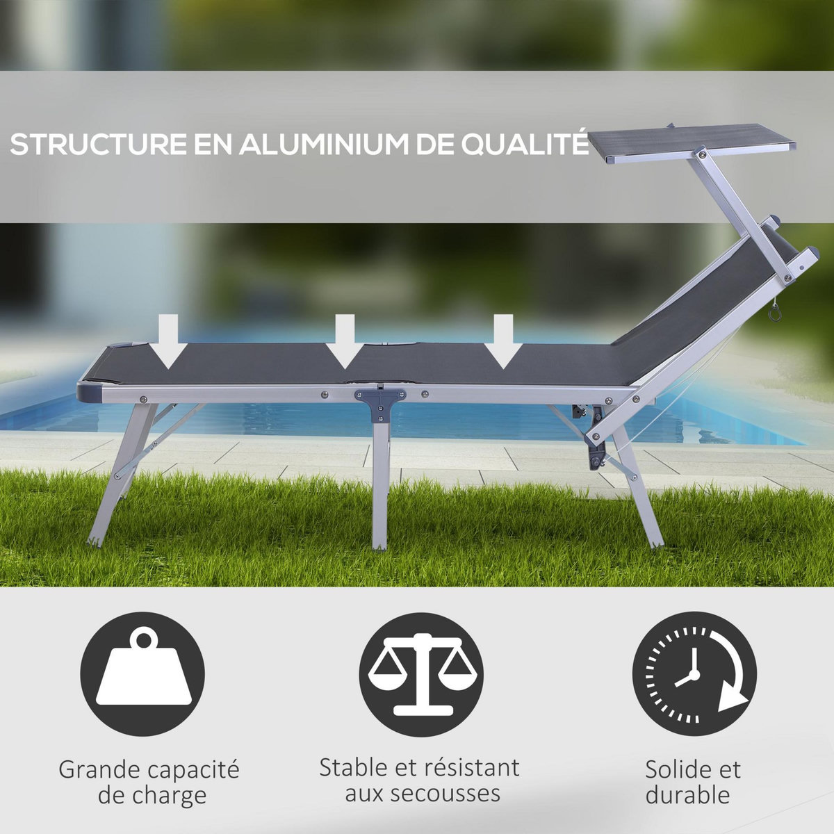OUTSUNNY Transat bain de soleil pliable grand confort dossier et pare-soleil réglable alu. textilène gris