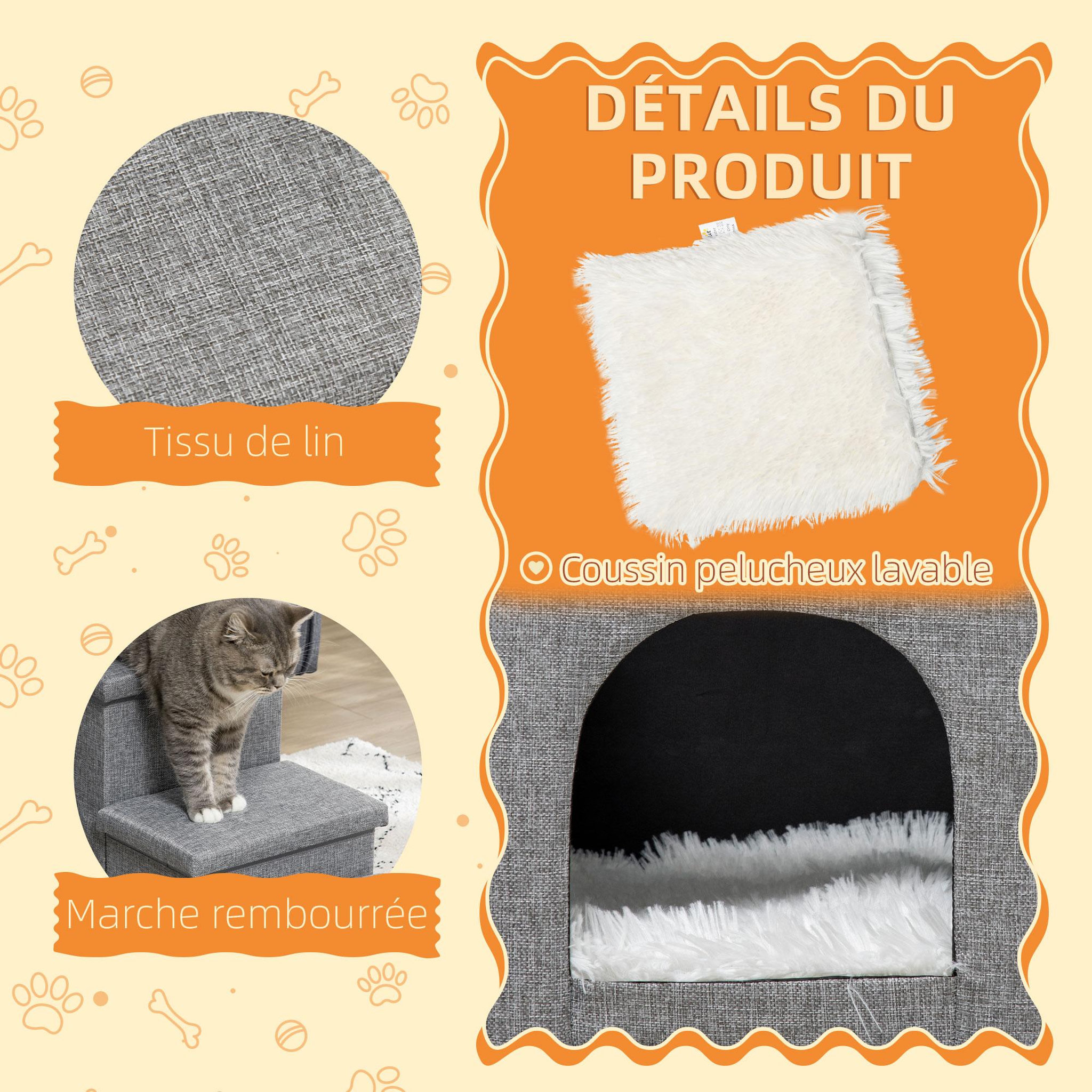 Voir la diapositive 6 : PAWHUT Escalier pour chat chien niche coffre 3 en 1 - 3 marches, coussin inclus - revêtement tissu rembourré doux - structure mdf - gris