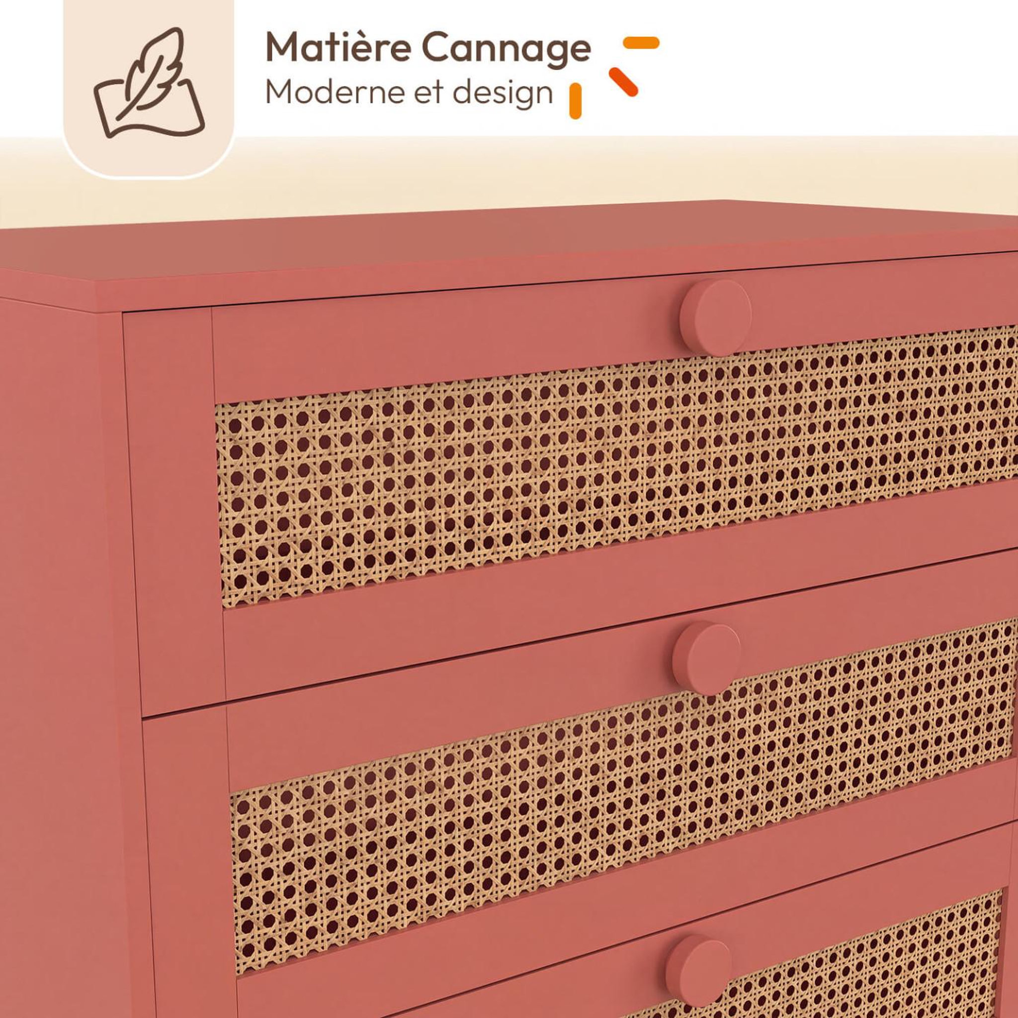 Voir la diapositive 6 : ID MARKET Commode 3 tiroirs adelie 80 cm enfant cannage et vieux rose