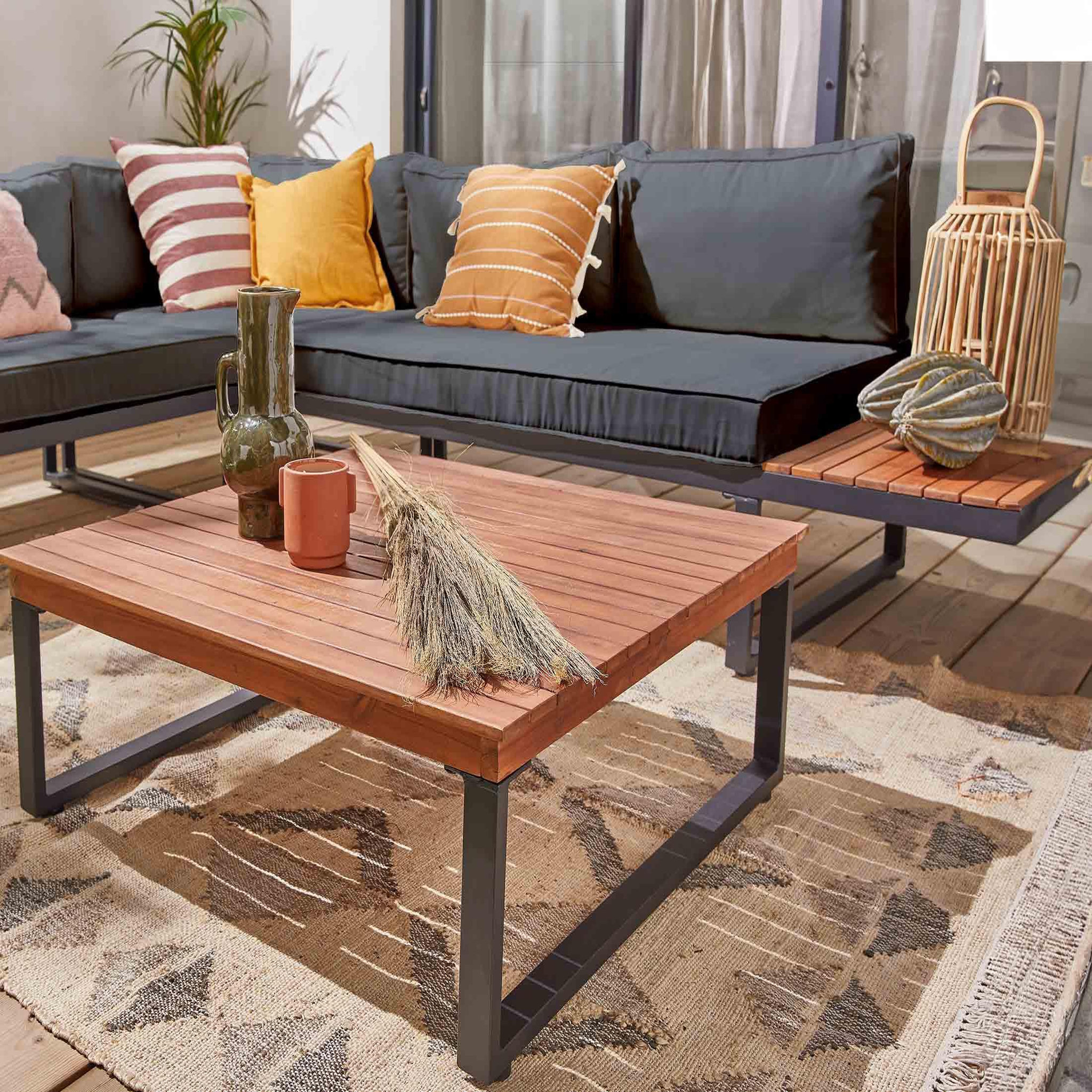Voir la diapositive 4 : BEST MOBILIER Yulara - salon de jardin en bois et métal - 5 places - coussins gris
