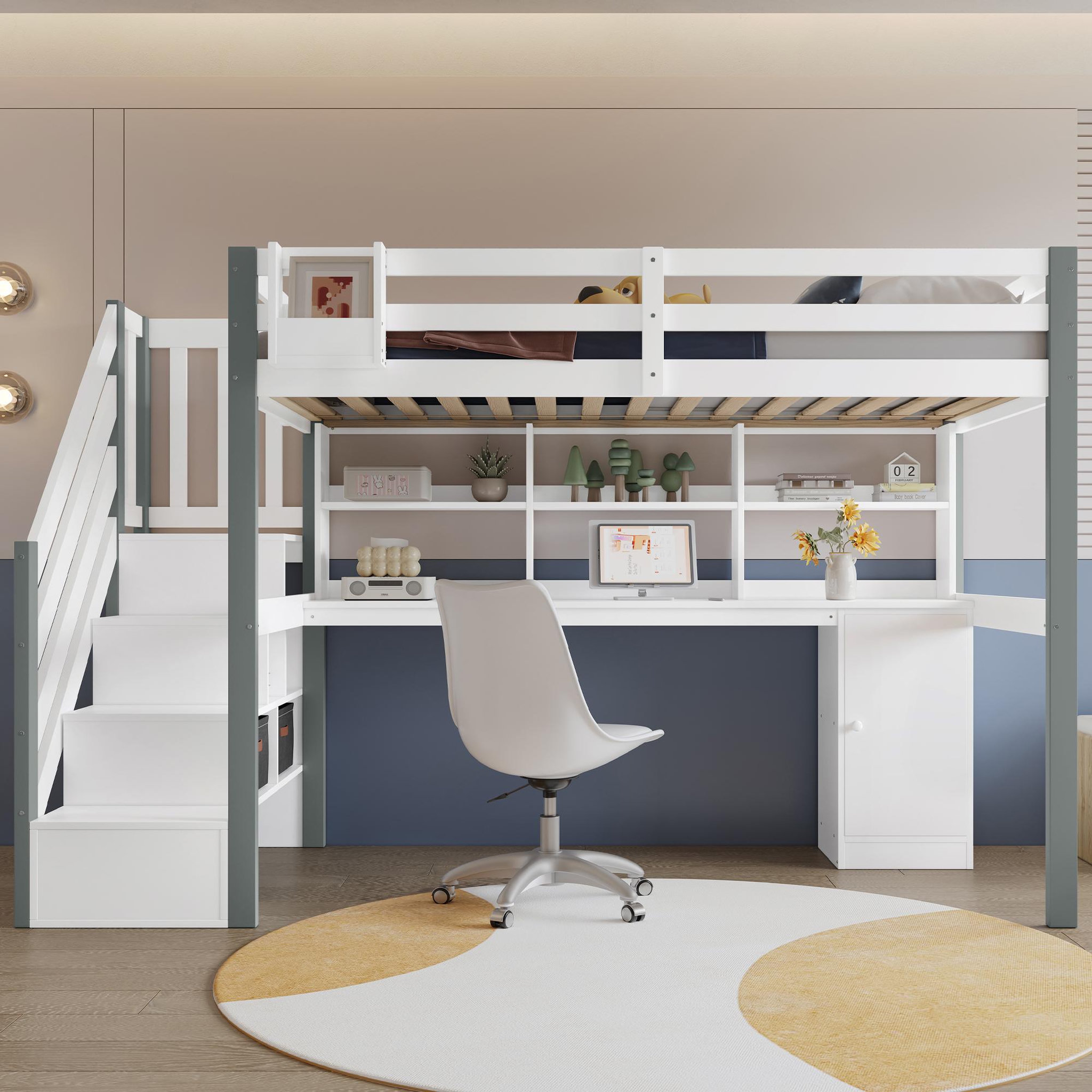 Voir la diapositive 2 : MERAX Lit combiné enfant 90x200cm bois et mdf coloris blanc+gris