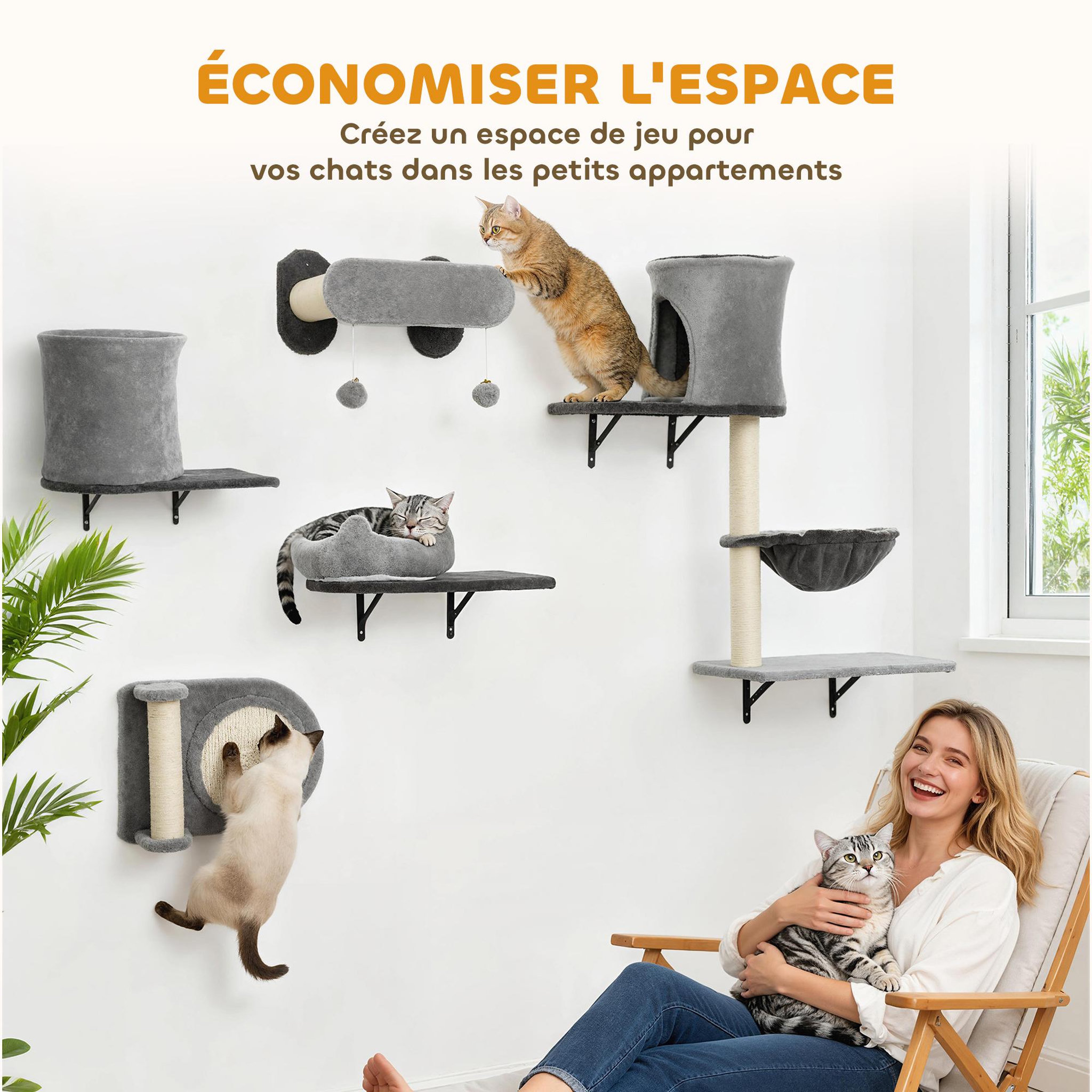 Voir la diapositive 4 : PAWHUT Arbre à chat design mural - parcours mural en bois pour chat 5 pièces variées - crème gris