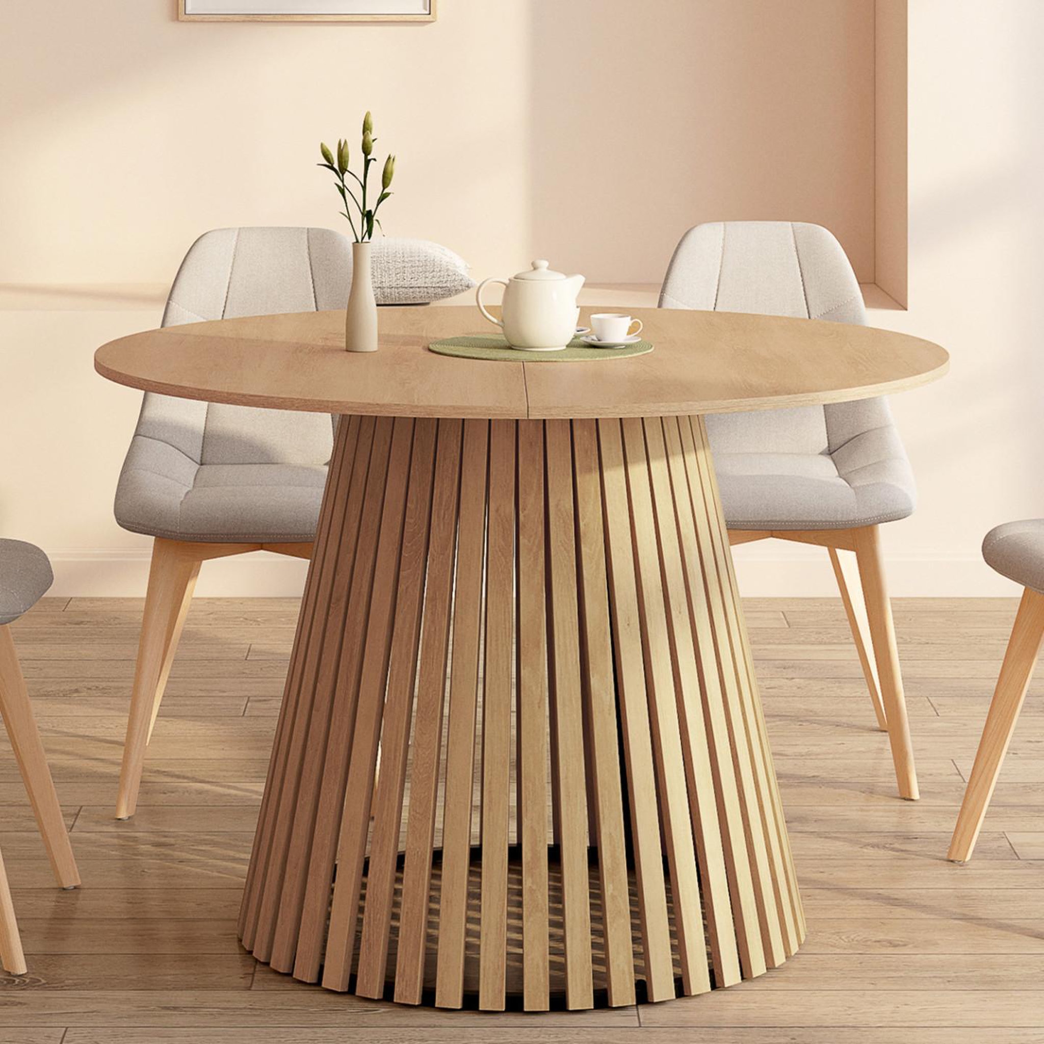 Voir la diapositive 2 : ID MARKET Table à manger ronde carmen 6 personnes pied bois en lattes et plateau bois 110 cm