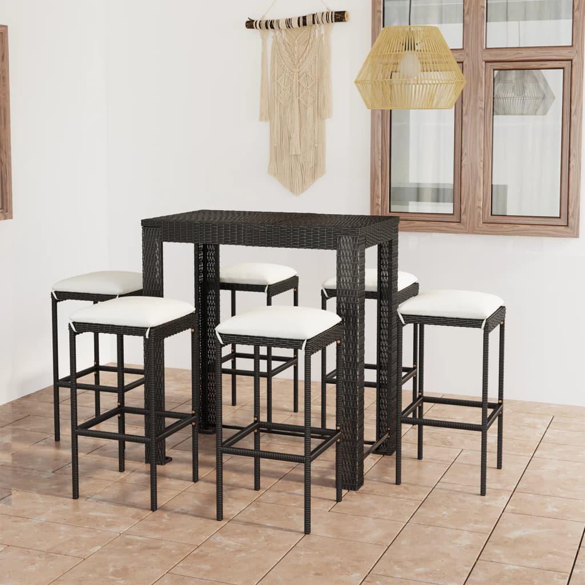 Voir la diapositive 1 : VIDAXL Ensemble de bar de jardin 7 pcs et coussins Resine tressee Noir