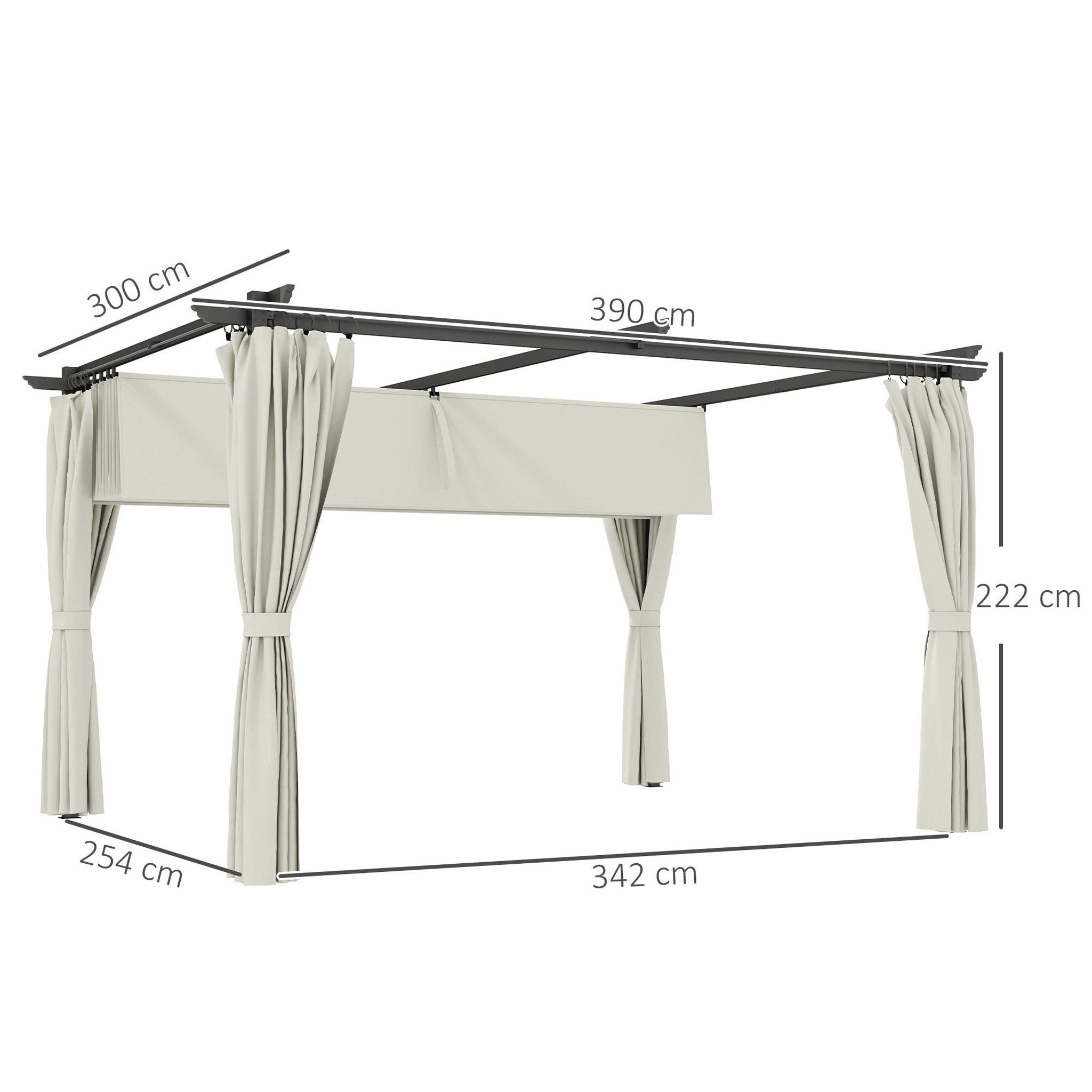 Voir la diapositive 3 : OUTSUNNY Pergola 3 x 4 m toile toit rétractable 4 rideaux ajustables métal noir polyester haute densité 180g/m² crème