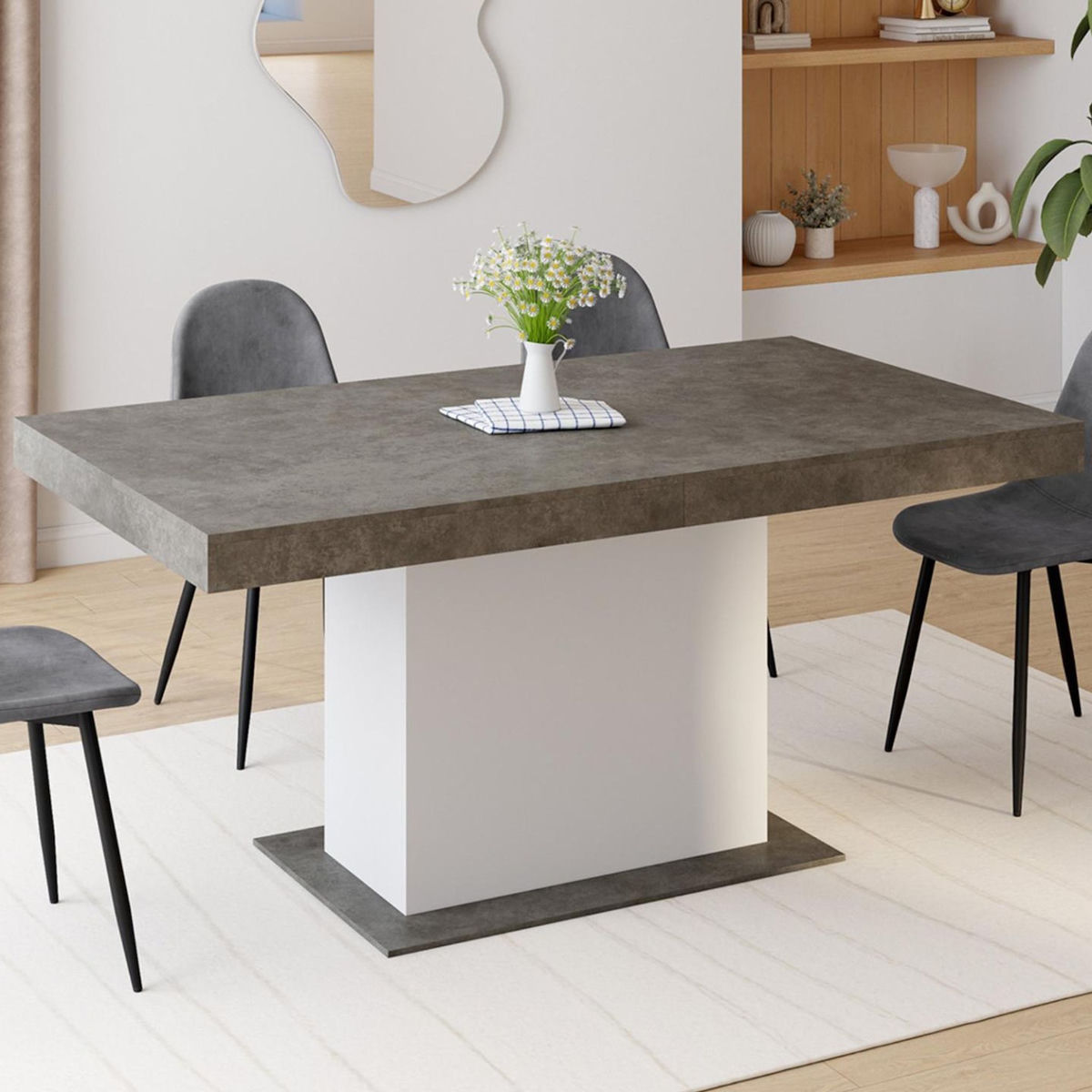 ID MARKET Table à manger extensible rectangle EDEN 6-10 personnes béton et blanc 160-200 cm
