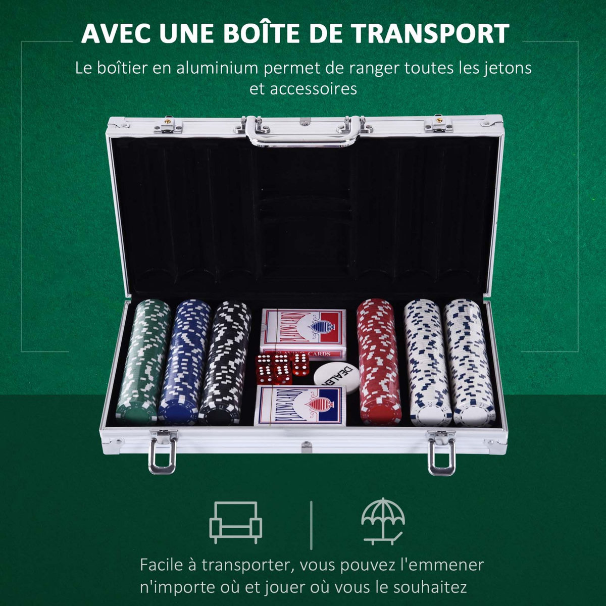 HOMCOM Mallette pro de poker coffret pro poker 38L x 21l x 6,5H cm 300 jetons 2 jeux de cartes + 2 clés aluminium