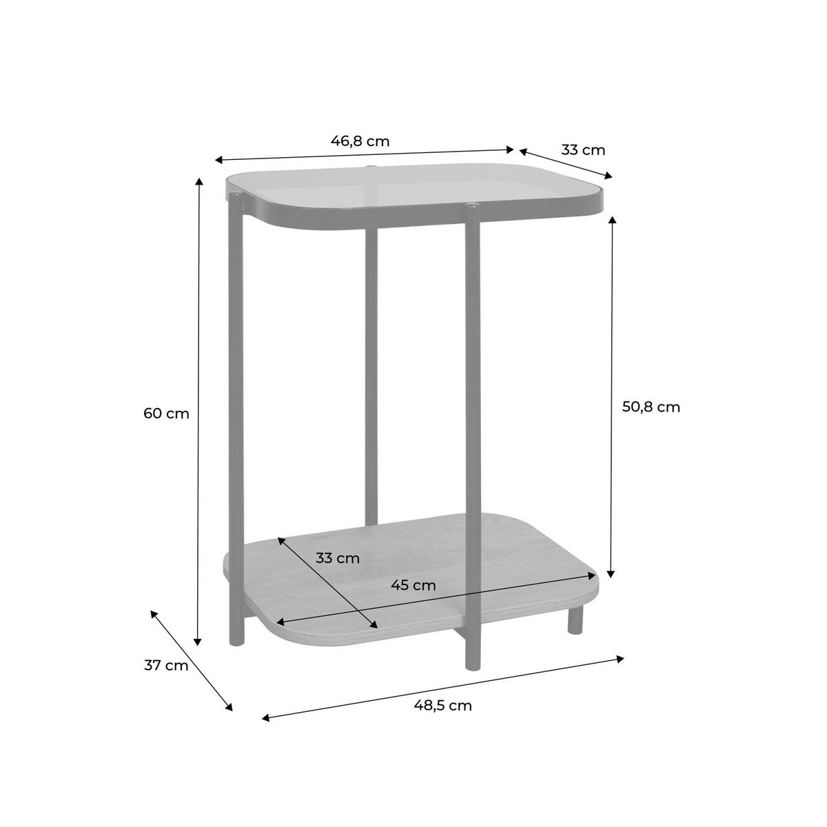 SWEEEK Bout de canapé vintage en métal noir avec 2 plateaux (verre et décor bois). bords arrondis