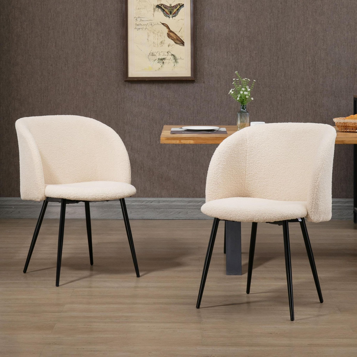 HOMCOM Chaises de visiteur design - lot de 2 chaises - piètement incliné effilé acier noir - revêtement effet laine bouclée beige