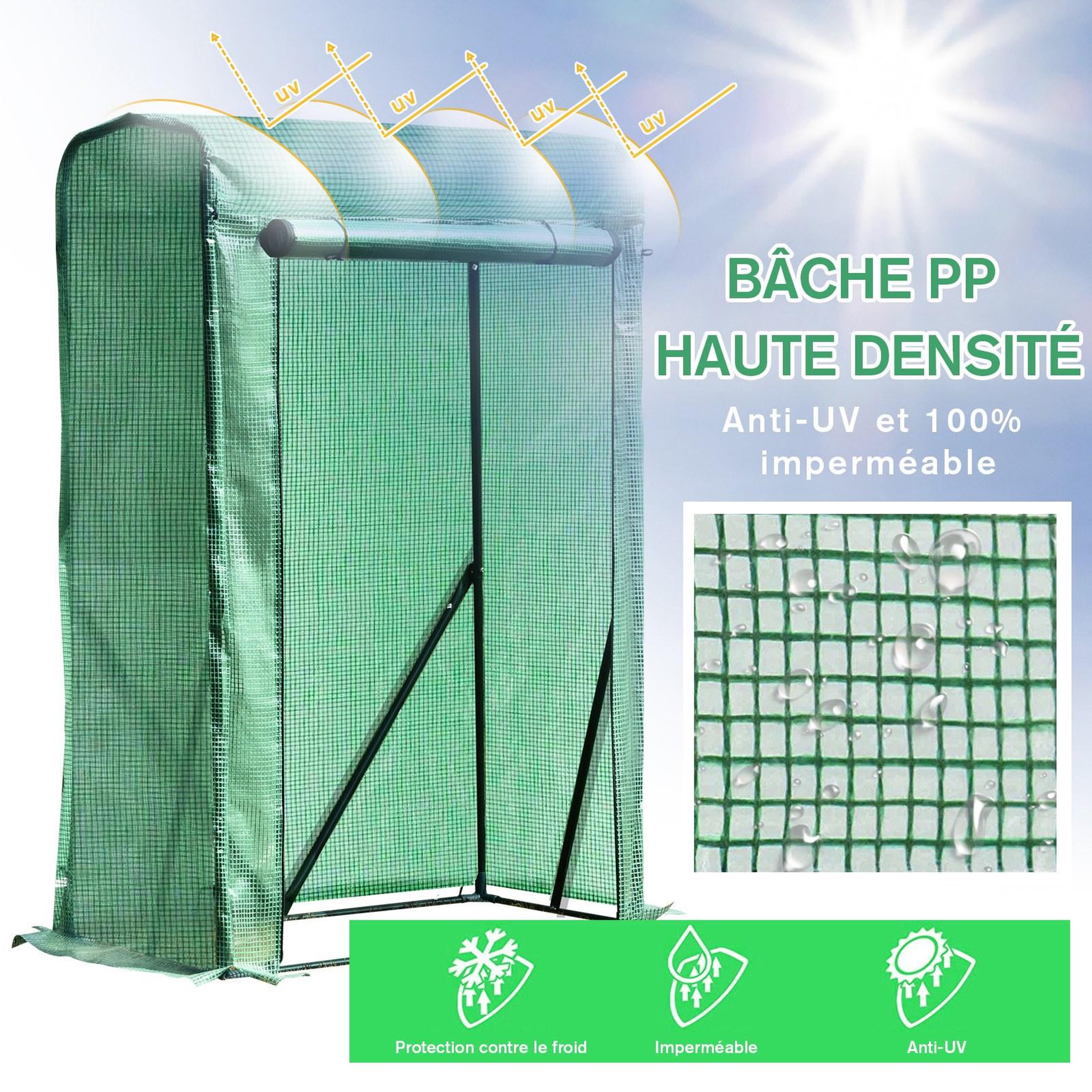 Voir la diapositive 4 : OUTSUNNY Serre de jardin serre à tomates anti-UV dim. 100L x 50l x 150H cm porte zipée déroulante acier PE vert
