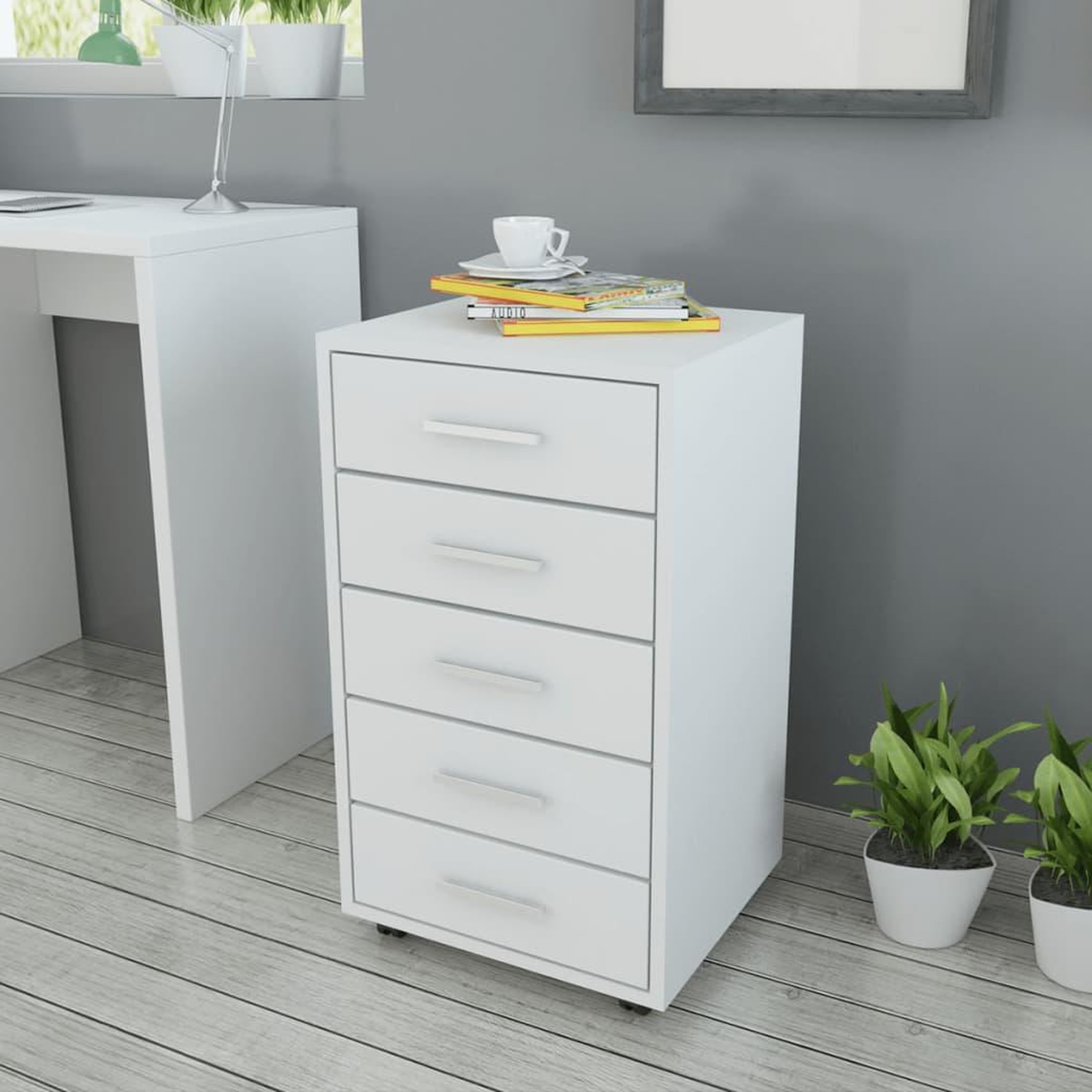 Voir la diapositive 1 : VIDAXL Caisson a tiroir de bureau avec roulettes et 5 tiroirs blanc