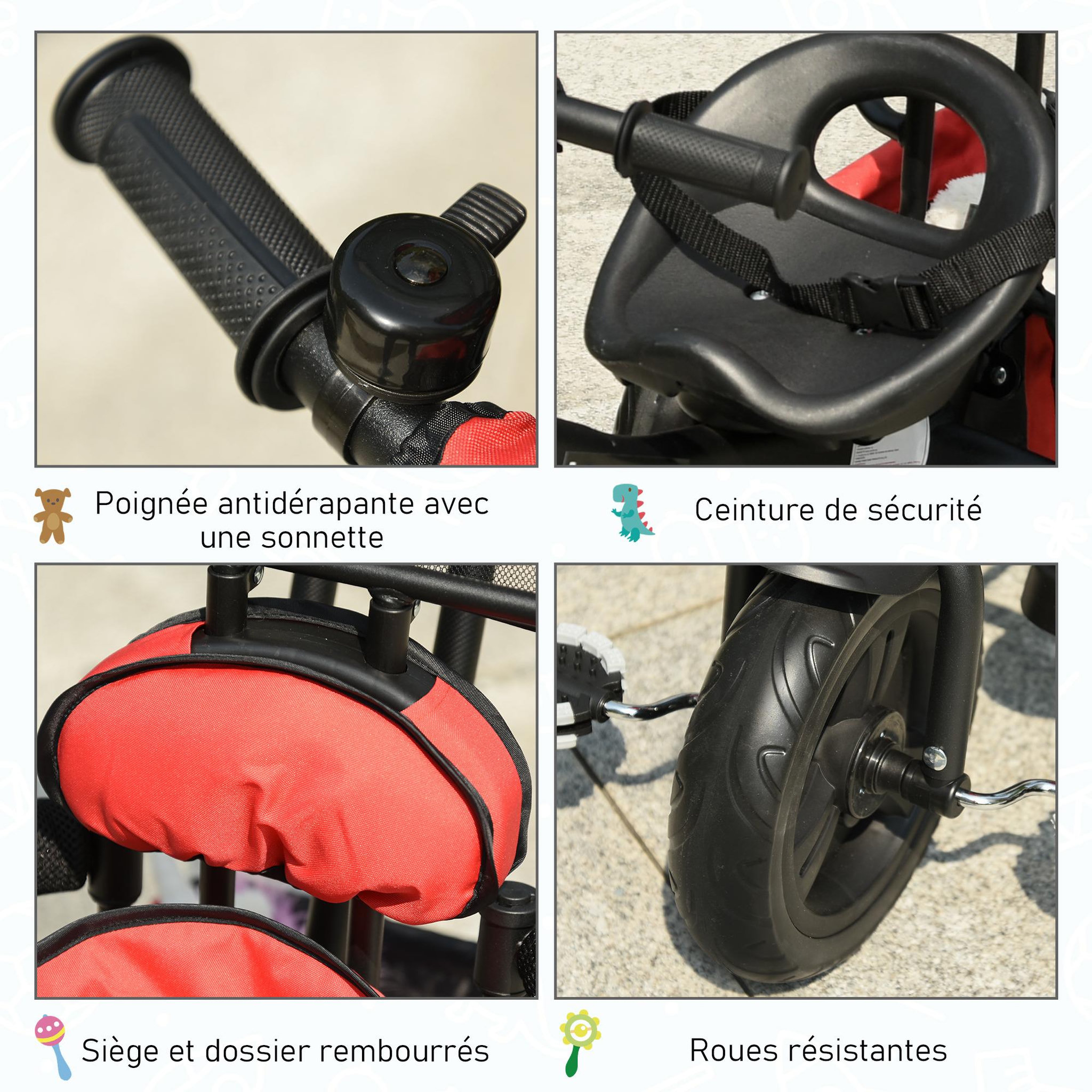 Voir la diapositive 6 : HOMCOM Tricycle enfant évolutif pare-soleil pliable canne  télescopique amovible 92 x 51 x 110 cm acier rouge noir