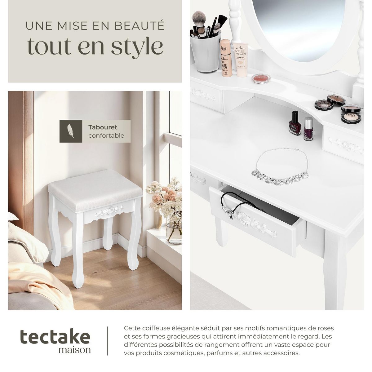tectake Coiffeuse table de maquillage au look vintage avec tabouret rembourré blanc