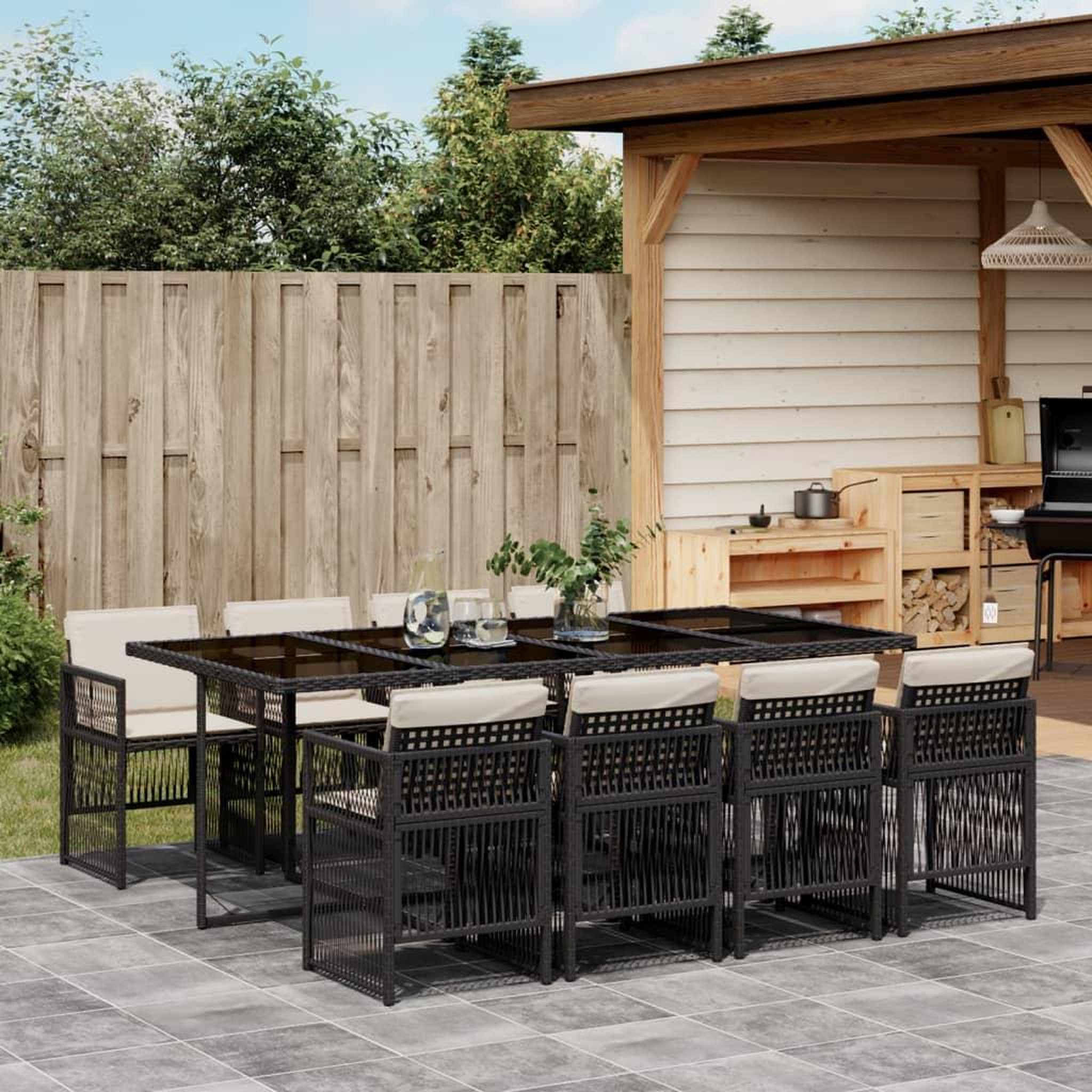 VIDAXL Ensemble a manger de jardin 9pcs coussins noir resine tressee