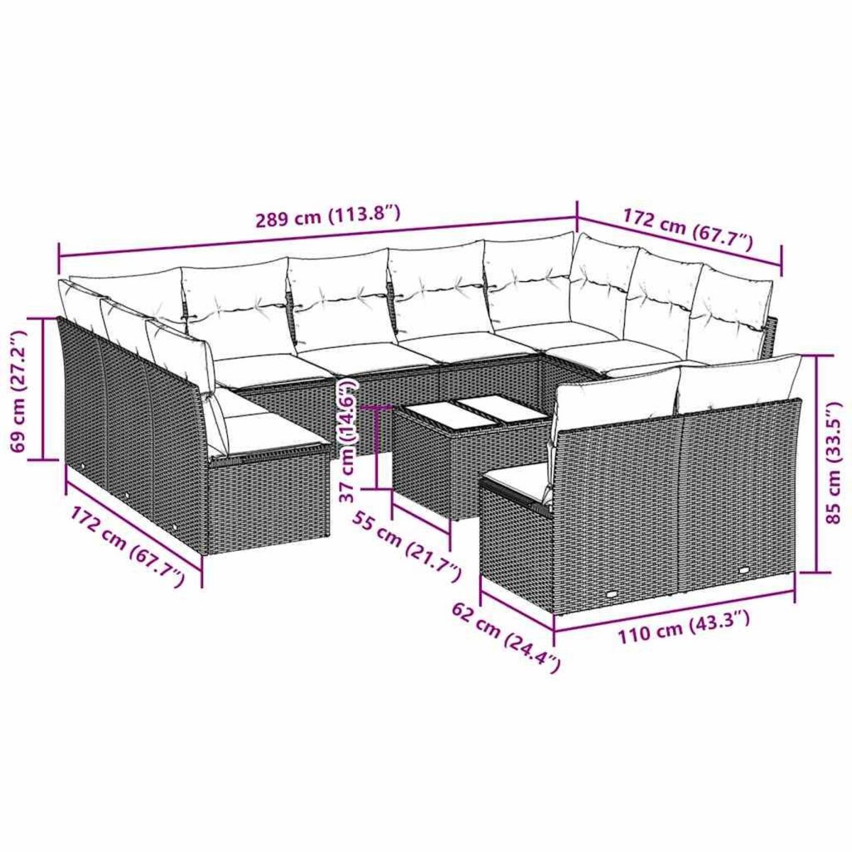 VIDAXL Salon de jardin avec coussins 12 pcs gris clair resine tressee