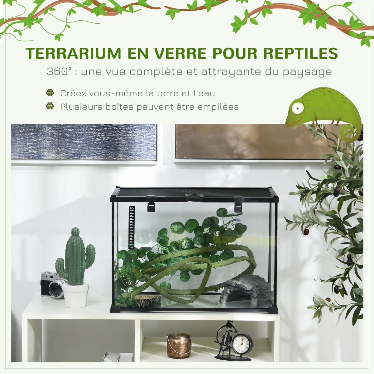 PAWHUT Terrarium verre transparent - couvercle treillis métallique coulissant verrouillable, trappe, distributeur eau, thermomètre - noir