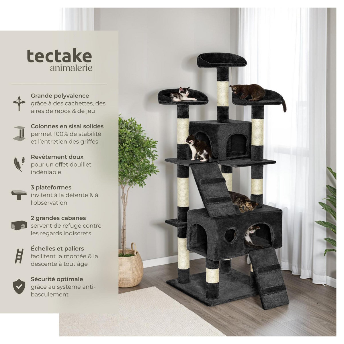 tectake Arbre à chat 170 cm avec griffoir et plateforme d'escalade noir