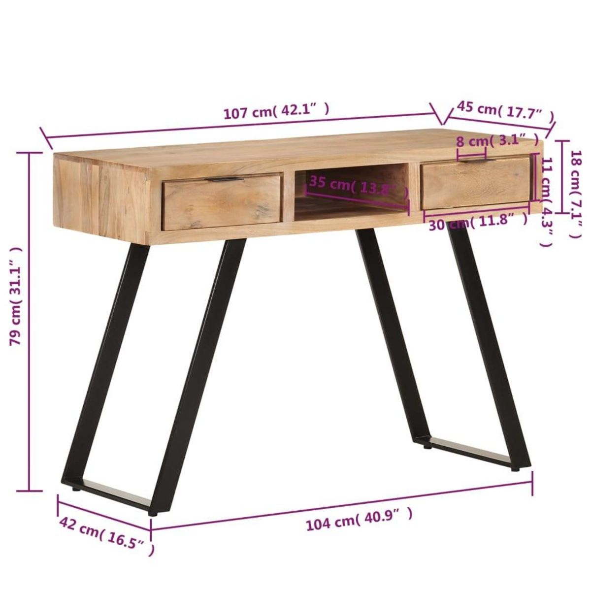 VIDAXL Bureau 107x45x79 cm Bois d'acacia solide avec bord naturel