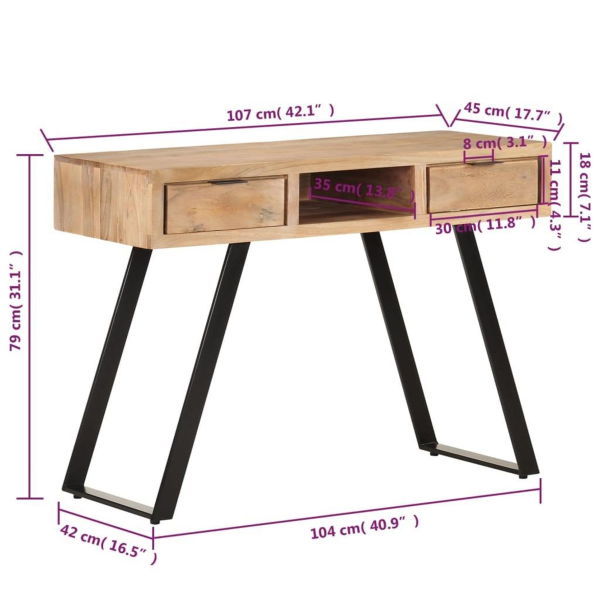 VIDAXL Bureau 107x45x79 cm Bois d'acacia solide avec bord naturel