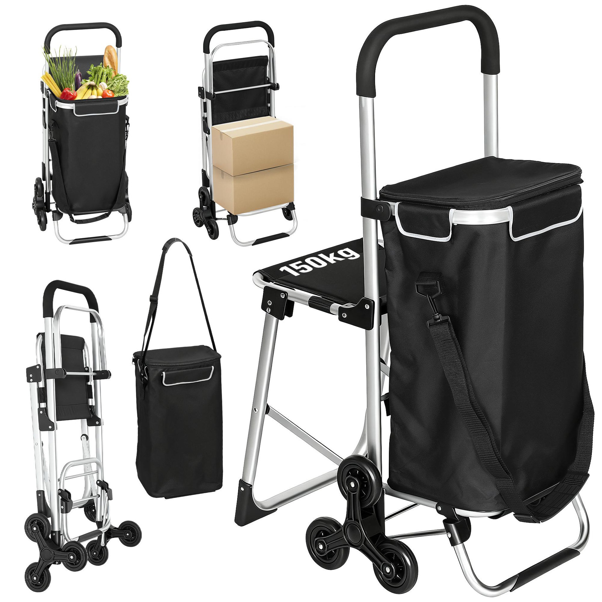 Voir la diapositive 2 : HOMCOM Chariot de courses pliable 3 en 1 tabouret sac à bandoulière 40L poignée telescopique compartiment isotherme alu noir