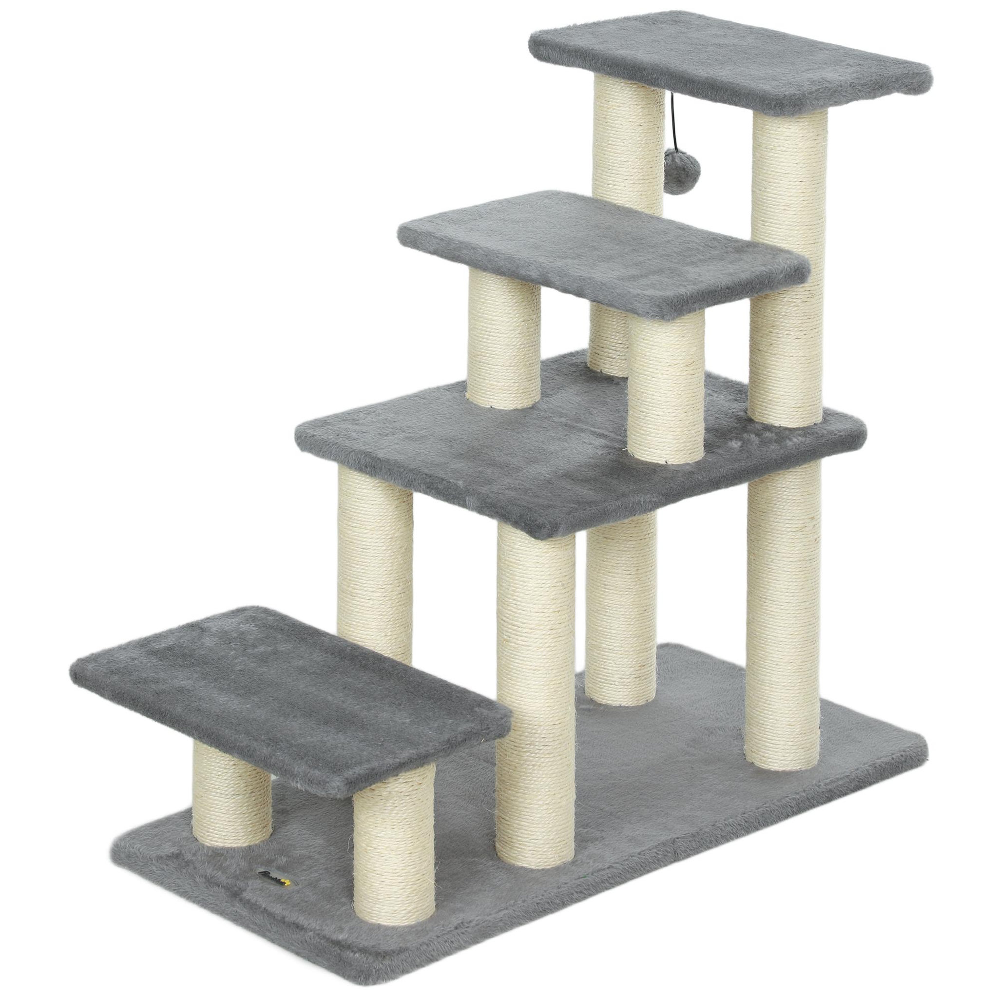 PAWHUT Escalier pour chat 4 marches - 8 poteaux griffoirs, jeu boule suspendue - sisal peluche gris