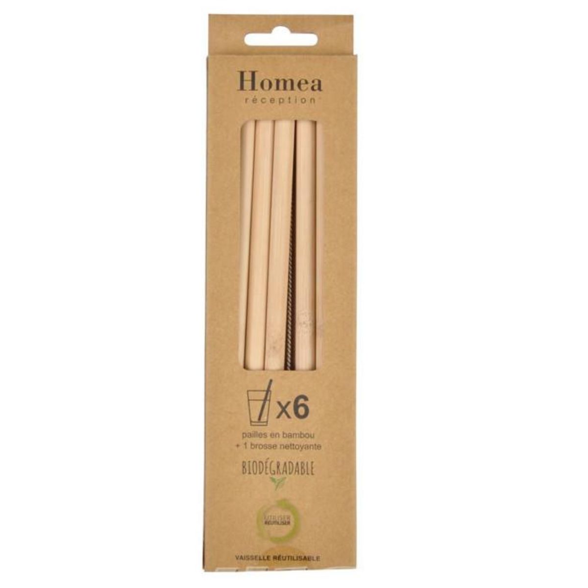 Paris Prix Lot de 6 Pailles avec Brosse  Bambou  20cm Naturel