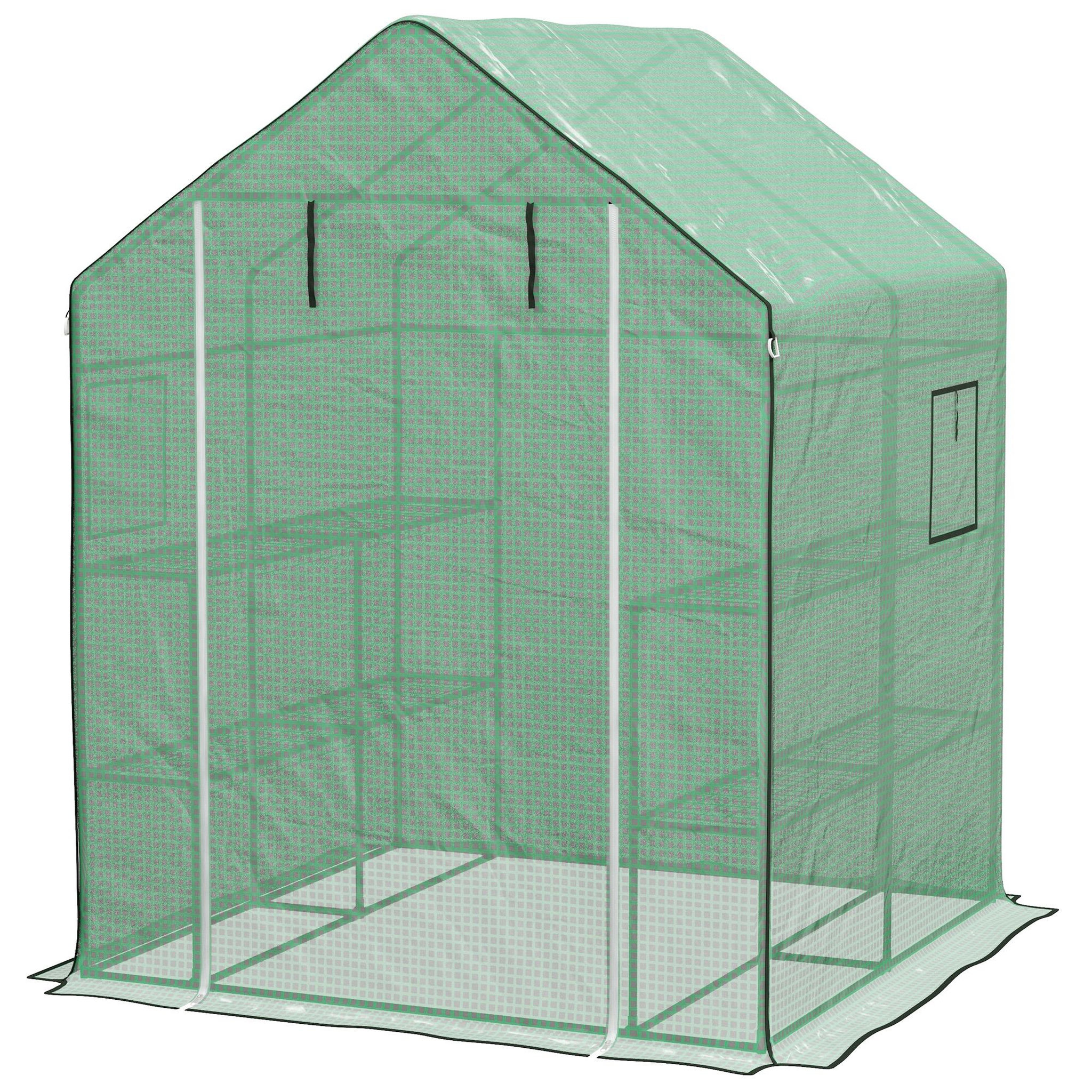 Voir la diapositive 4 : OUTSUNNY Serre de jardin 4 tablettes dim. 1,4l x 1,43l x 1,9h m porte déroulante fenêtre acier pe haute densité vert