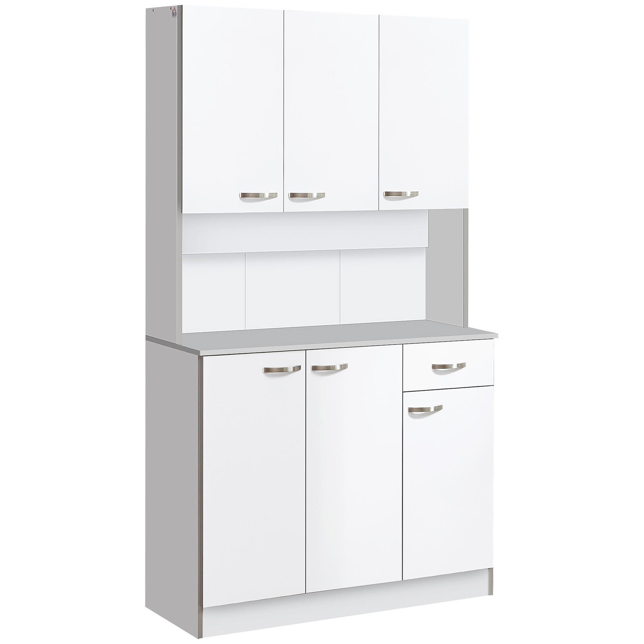 Voir la diapositive 1 : HOMCOM Buffet haut multi-rangement - 6 portes, tiroir, grand plateau - dim. 101L x 39l x 180H cm - panneaux particules blanc gris
